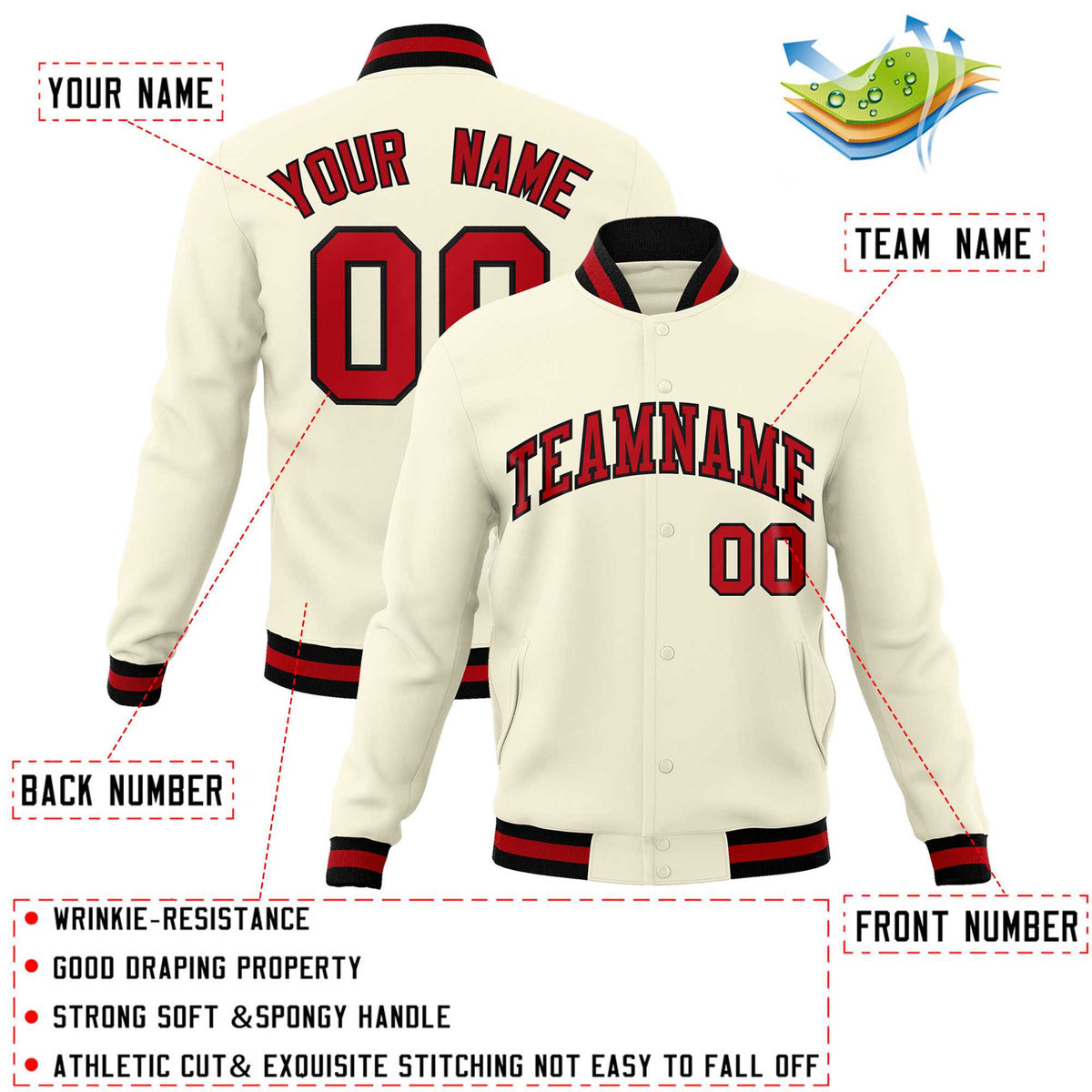 Custom White Red-Black Classic Style Varsity Full-Snap Letterman Jacket | KXKSHOP