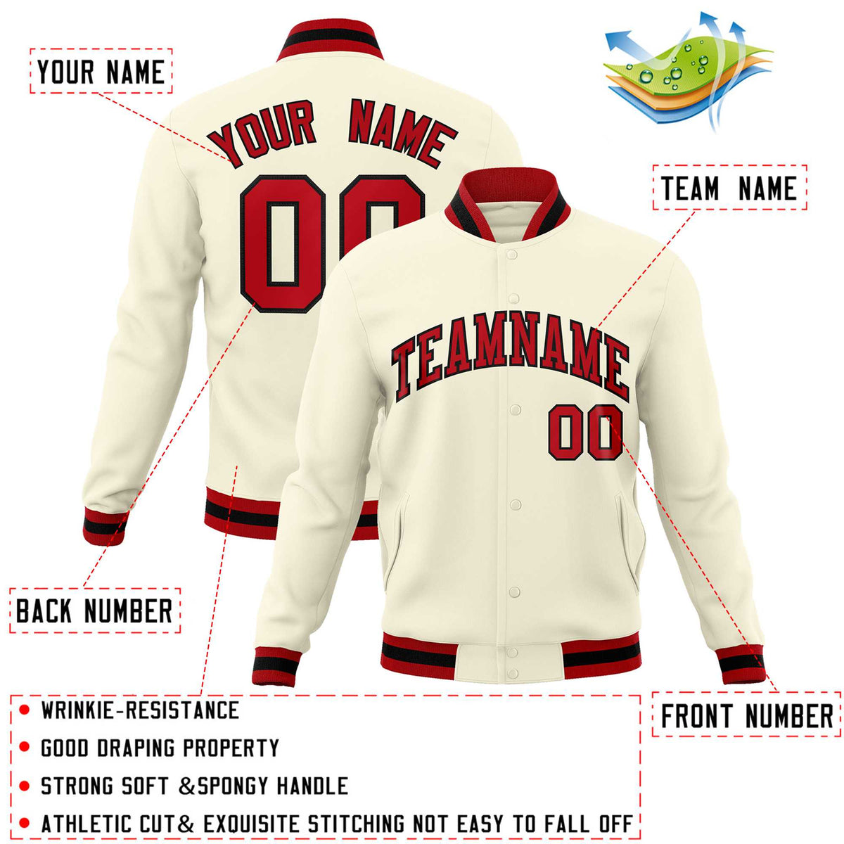 Custom White Red-Black Classic Style Varsity Full-Snap Letterman Jacket | KXKSHOP
