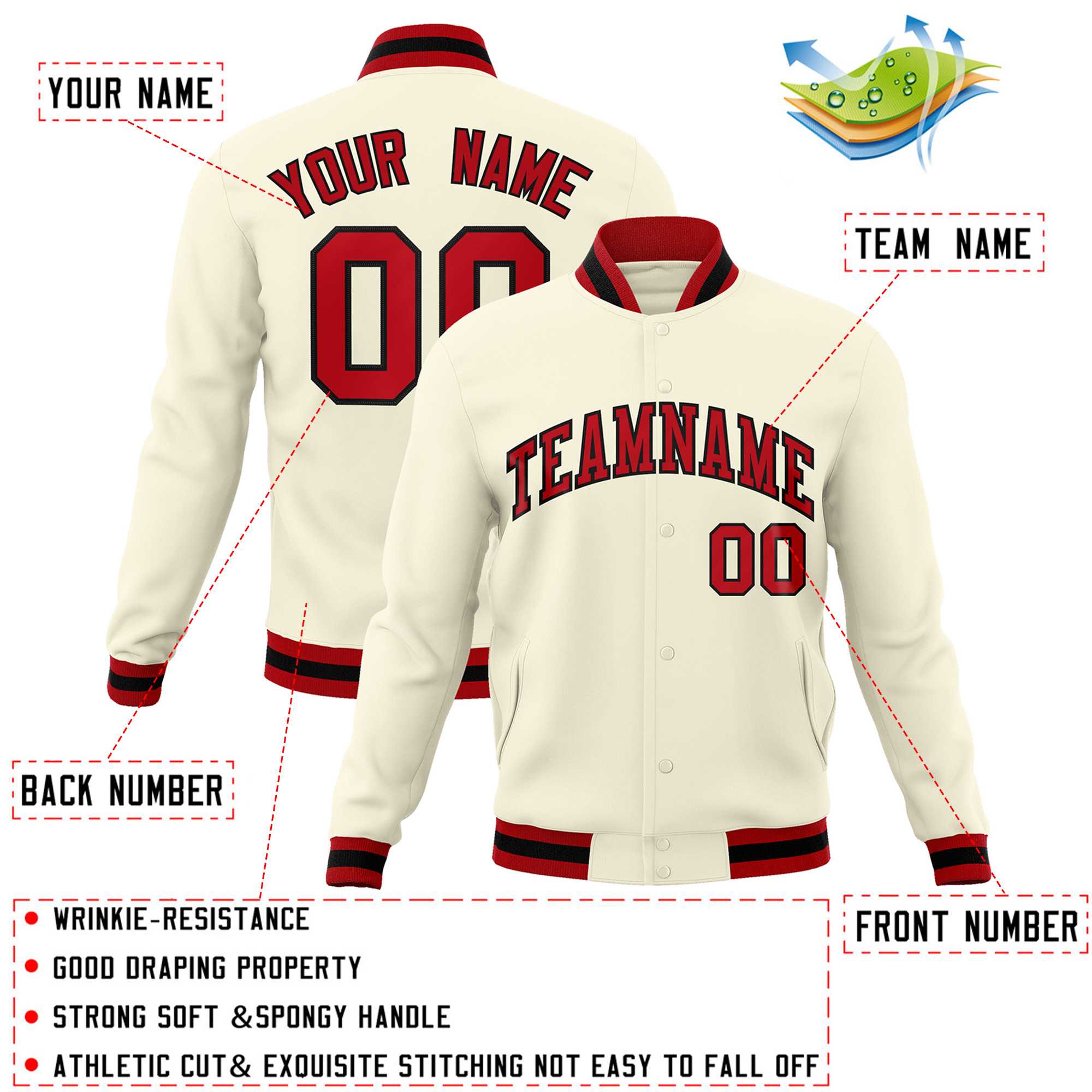 Custom White Red-Black Classic Style Varsity Full-Snap Letterman Jacket | KXKSHOP