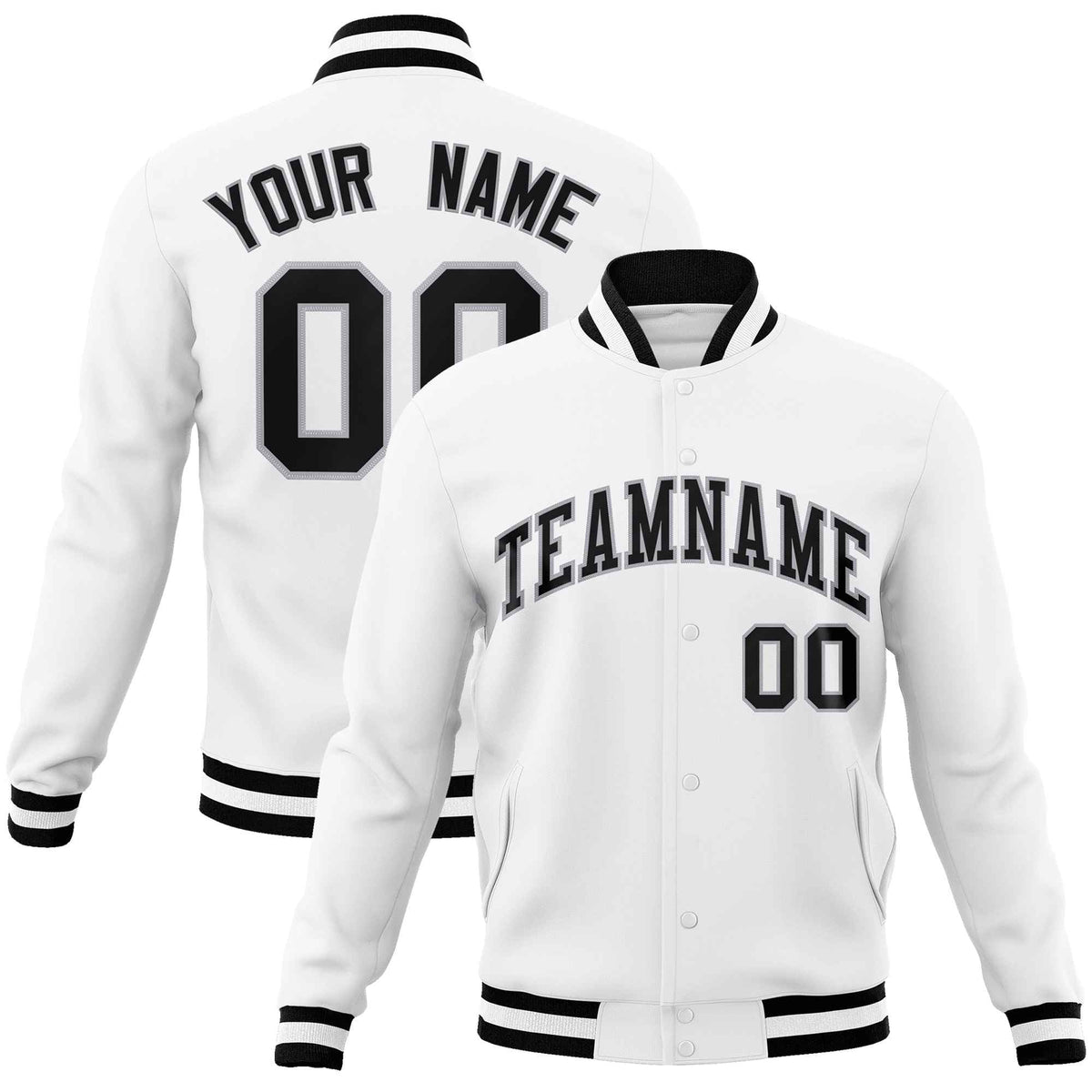 Custom White Black-Gray Classic Style Varsity Full-Snap Letterman Jacket | KXKSHOP
