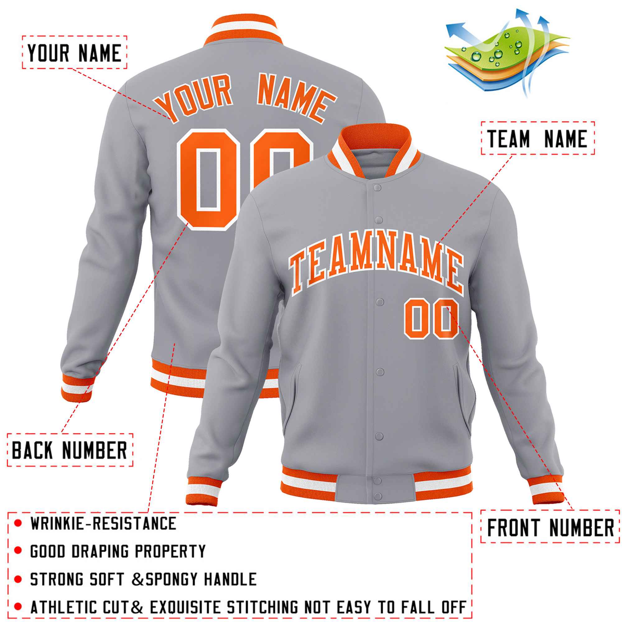 Custom Gray Orange-White Classic Style Varsity Full-Snap Letterman Jacket