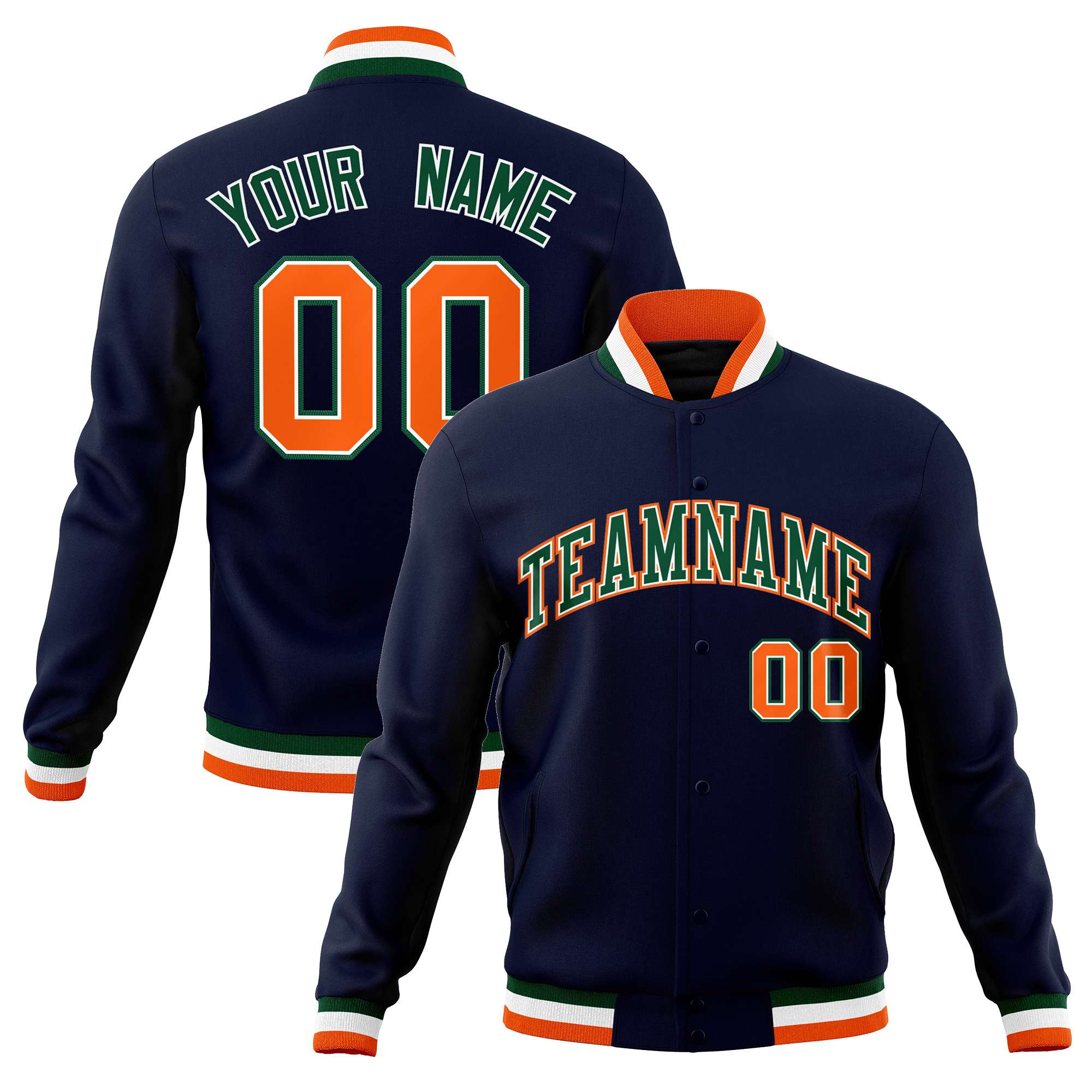 Veste universitaire Letterman personnalisée bleu marine, vert et orange, style classique, avec boutons-pression