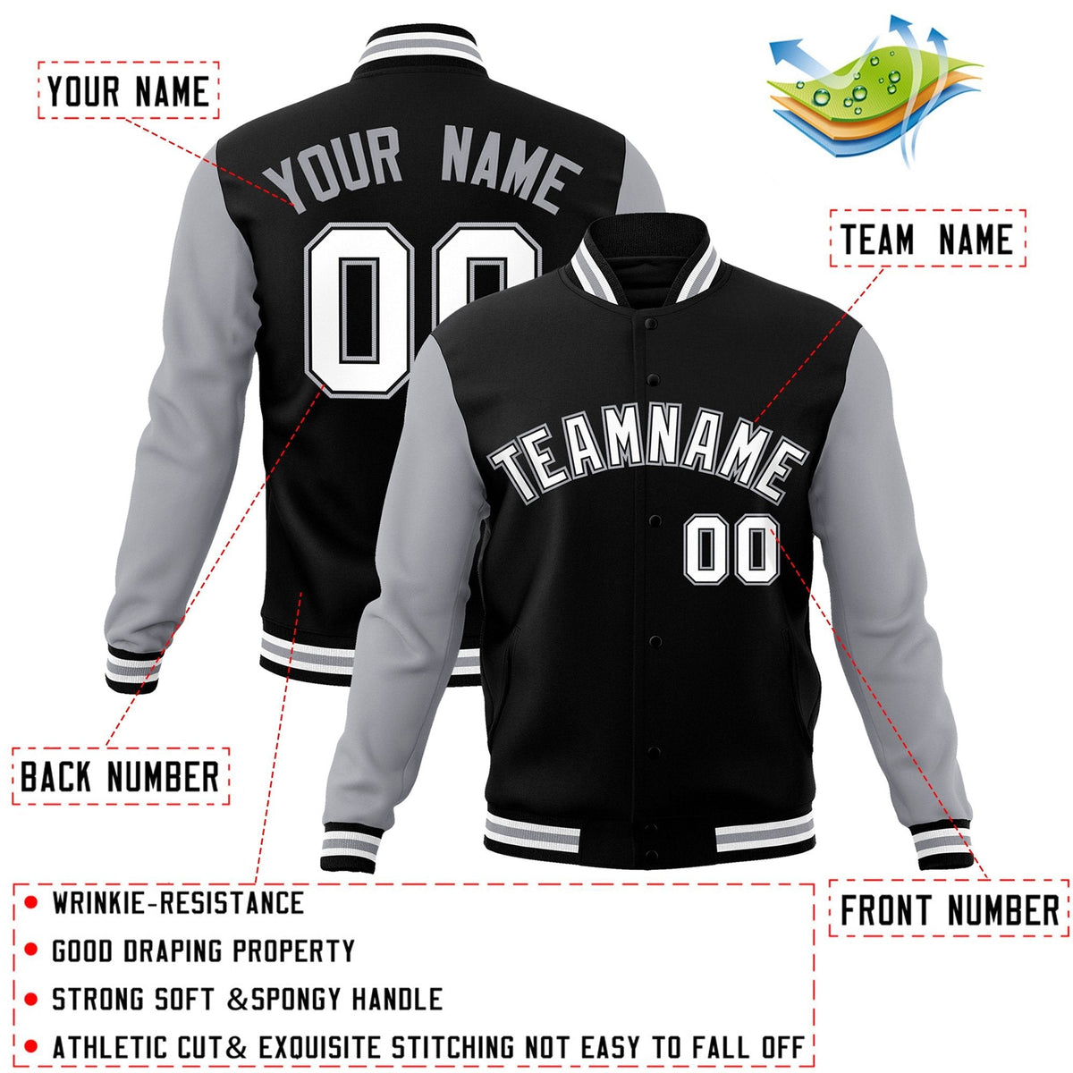Custom Black Grey-White Raglan Sleeves Varsity Full-Snap Letterman Jacket