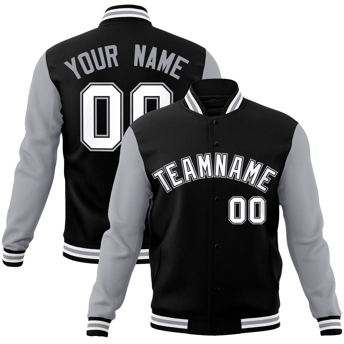 Custom Black White-Black Raglan Sleeves Varsity Full-Snap Letterman Jacket | KXKSHOP