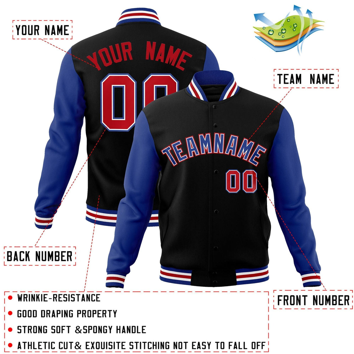 Custom Black White-Black Raglan Sleeves Varsity Full-Snap Letterman Jacket | KXKSHOP