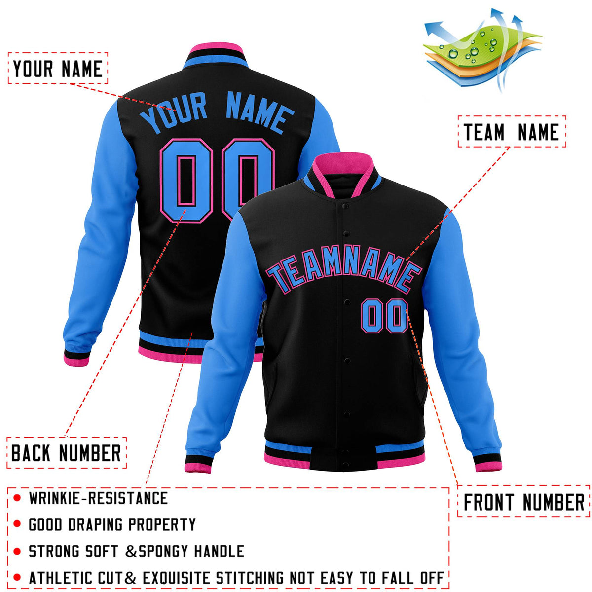 Custom Black White-Black Raglan Sleeves Varsity Full-Snap Letterman Jacket | KXKSHOP