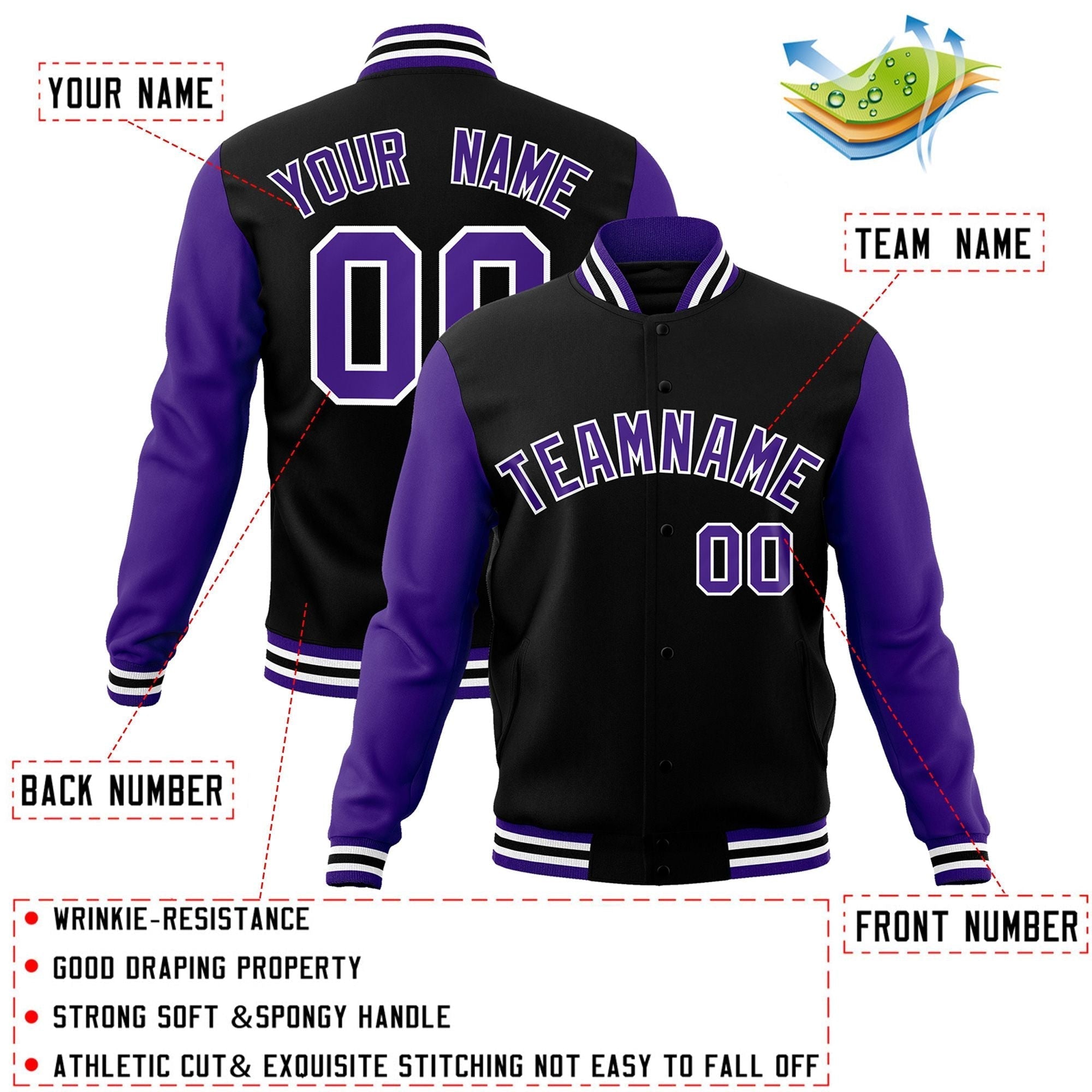 Custom Black White-Black Raglan Sleeves Varsity Full-Snap Letterman Jacket | KXKSHOP