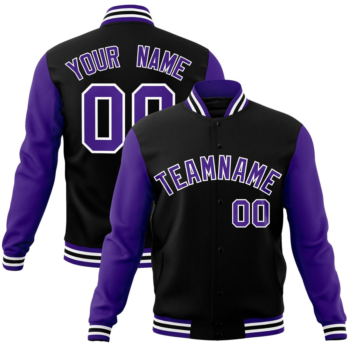 Custom Black White-Black Raglan Sleeves Varsity Full-Snap Letterman Jacket | KXKSHOP