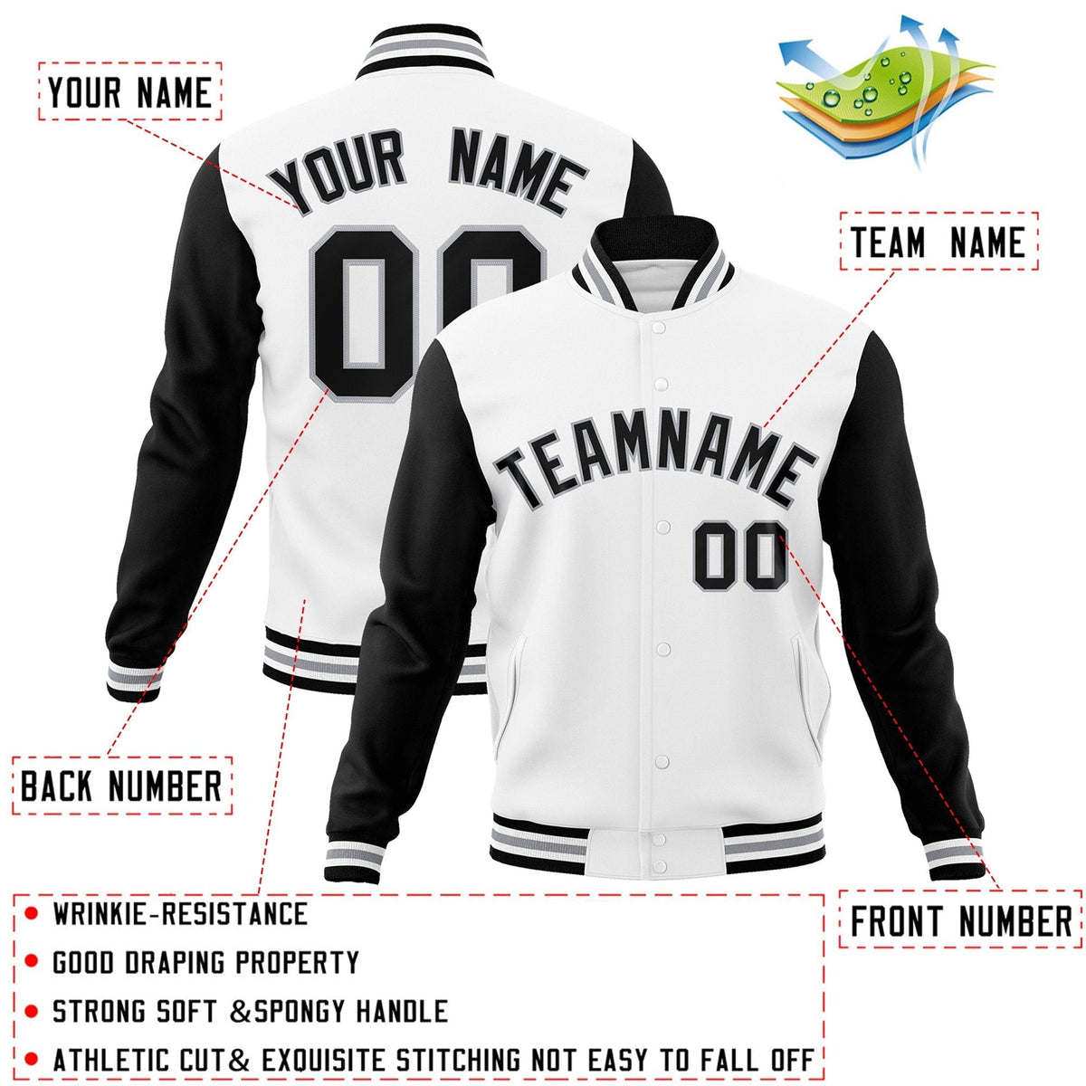 Custom Black White-Black Raglan Sleeves Varsity Full-Snap Letterman Jacket | KXKSHOP