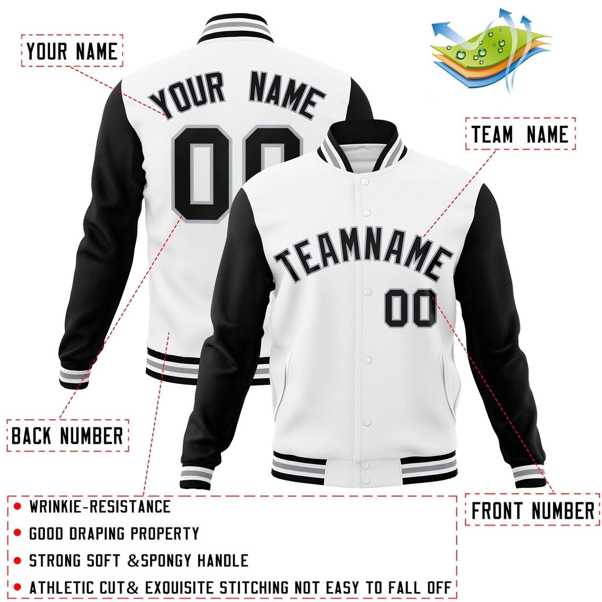 Custom Black White-Black Raglan Sleeves Varsity Full-Snap Letterman Jacket | KXKSHOP