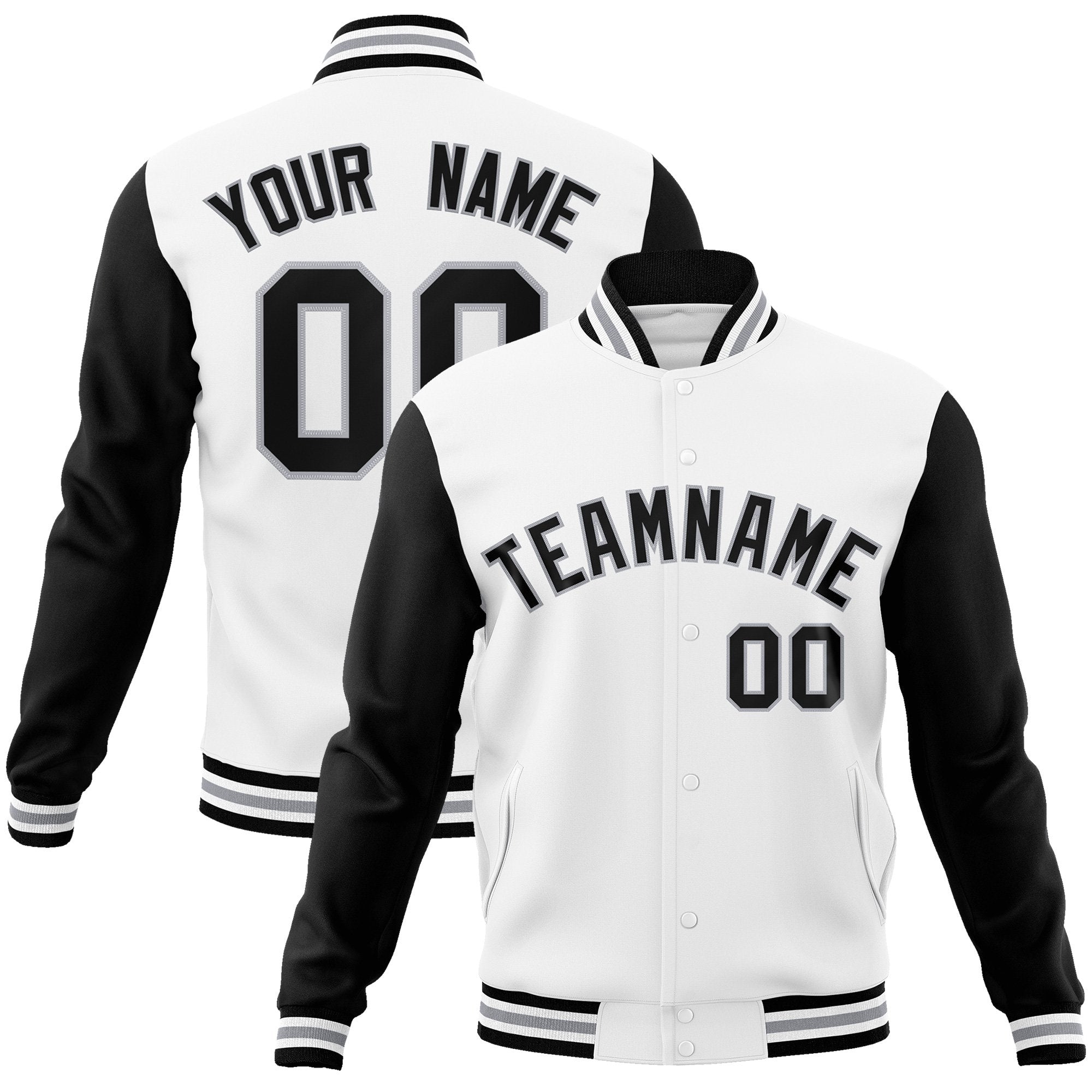 Custom Black White-Black Raglan Sleeves Varsity Full-Snap Letterman Jacket | KXKSHOP