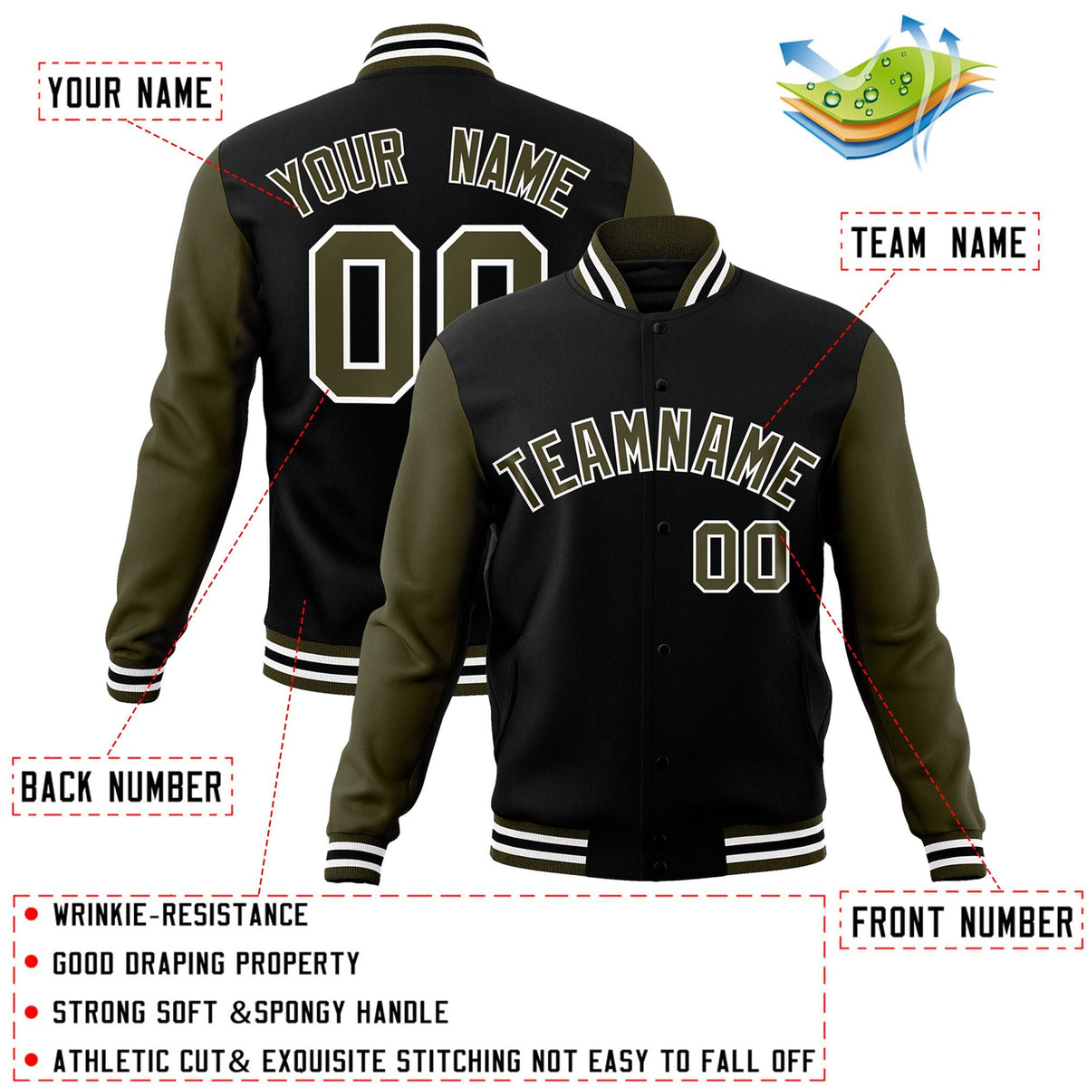 Custom Black White-Black Raglan Sleeves Varsity Full-Snap Letterman Jacket | KXKSHOP
