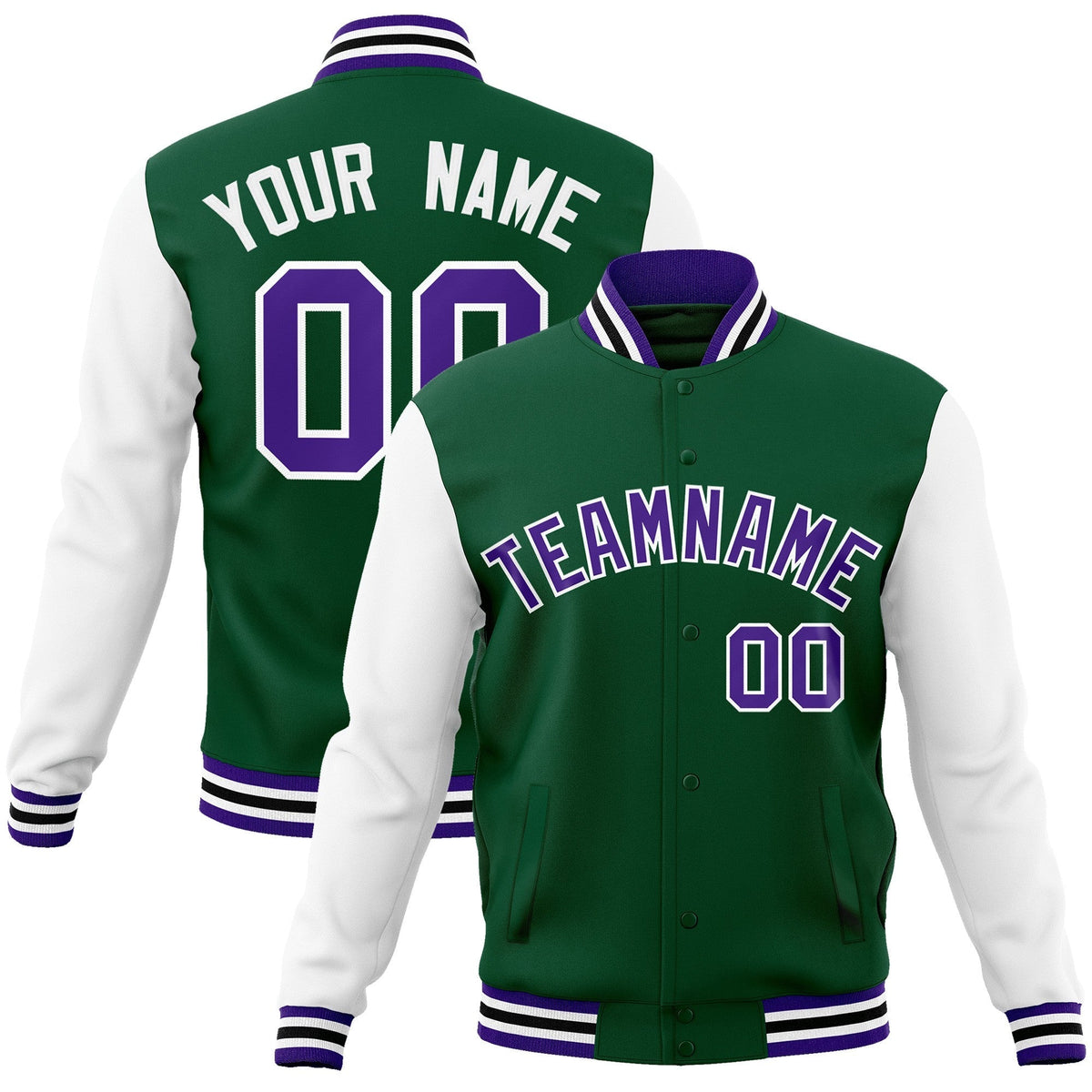 Custom Green Purple-White Raglan Sleeves Varsity Full-Snap Letterman Jacket | KXKSHOP