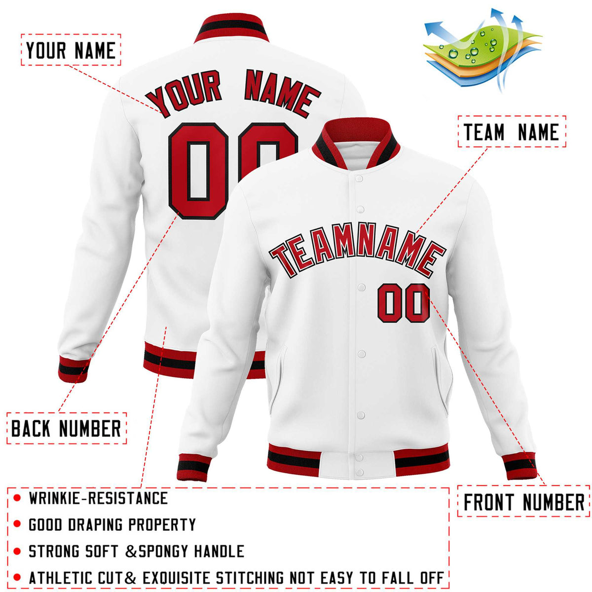 Custom White Red-Black Classic Style Varsity Full-Snap Letterman Jacket | KXKSHOP