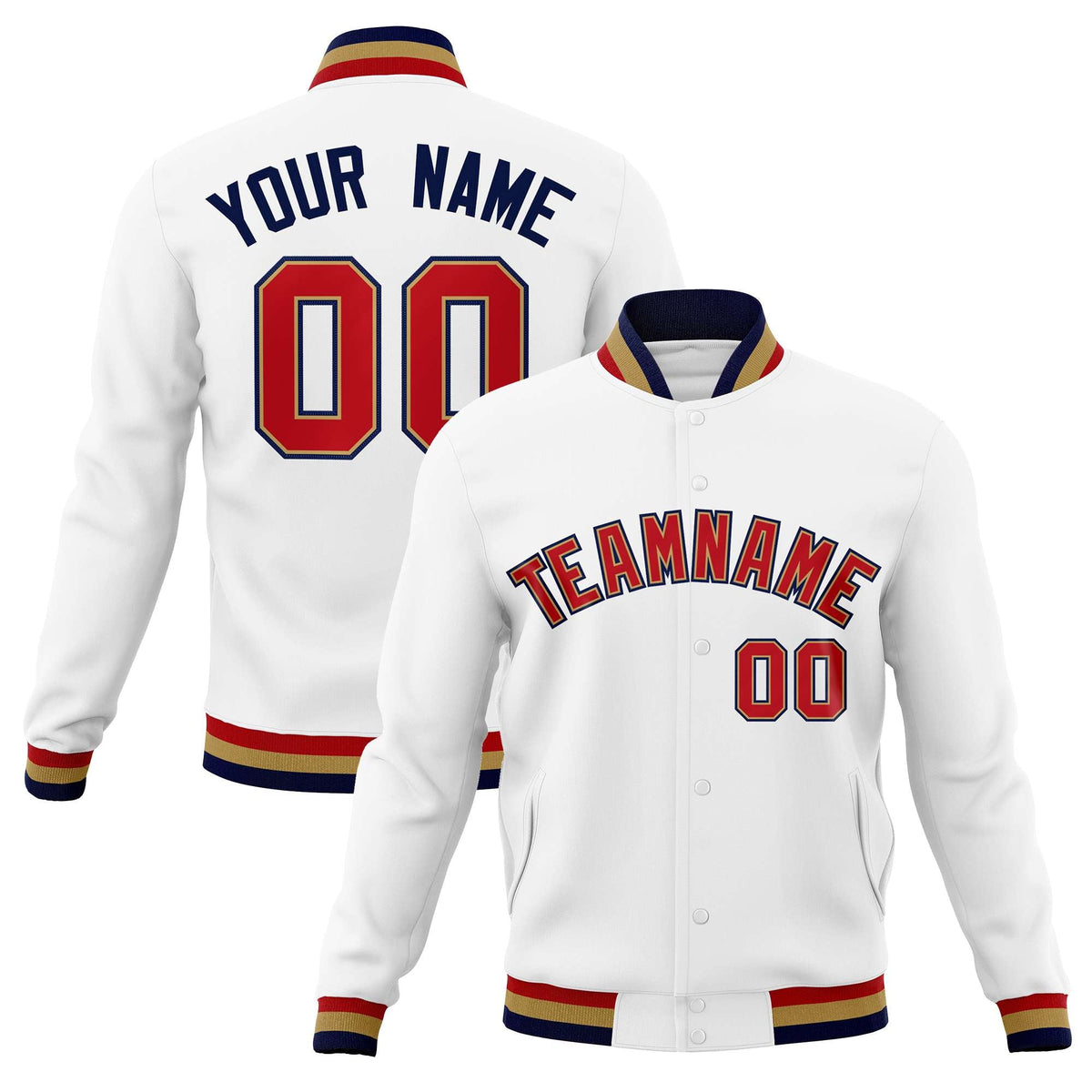 Custom White Red-Black Classic Style Varsity Full-Snap Letterman Jacket | KXKSHOP