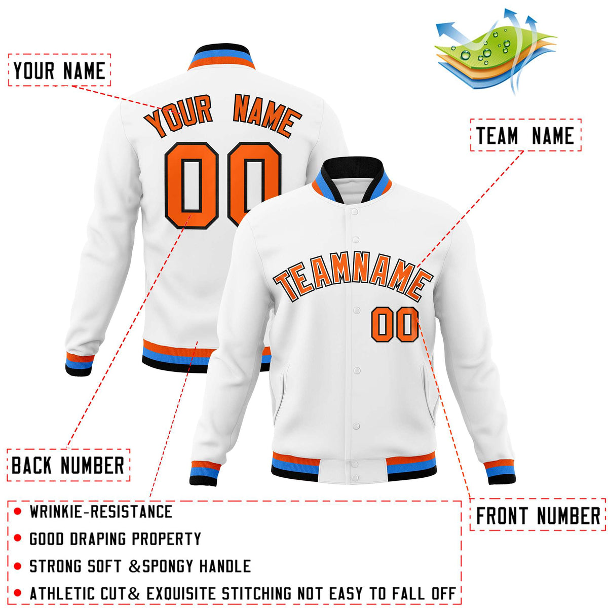 Custom White Red-Black Classic Style Varsity Full-Snap Letterman Jacket | KXKSHOP