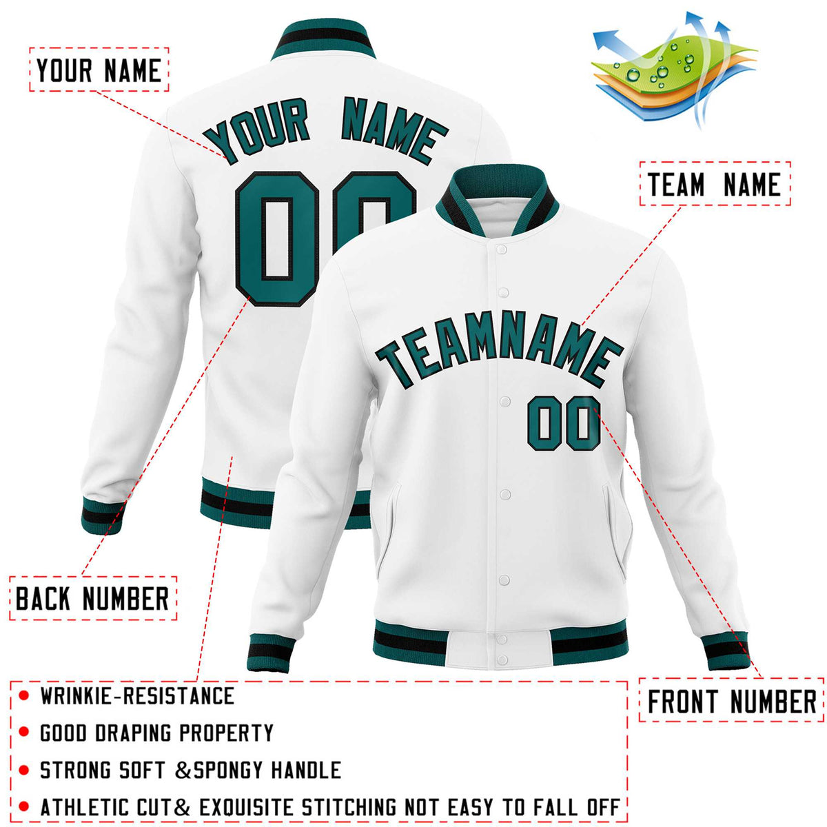 Custom White Aqua-Black Classic Style Varsity Full-Snap Letterman Jacket