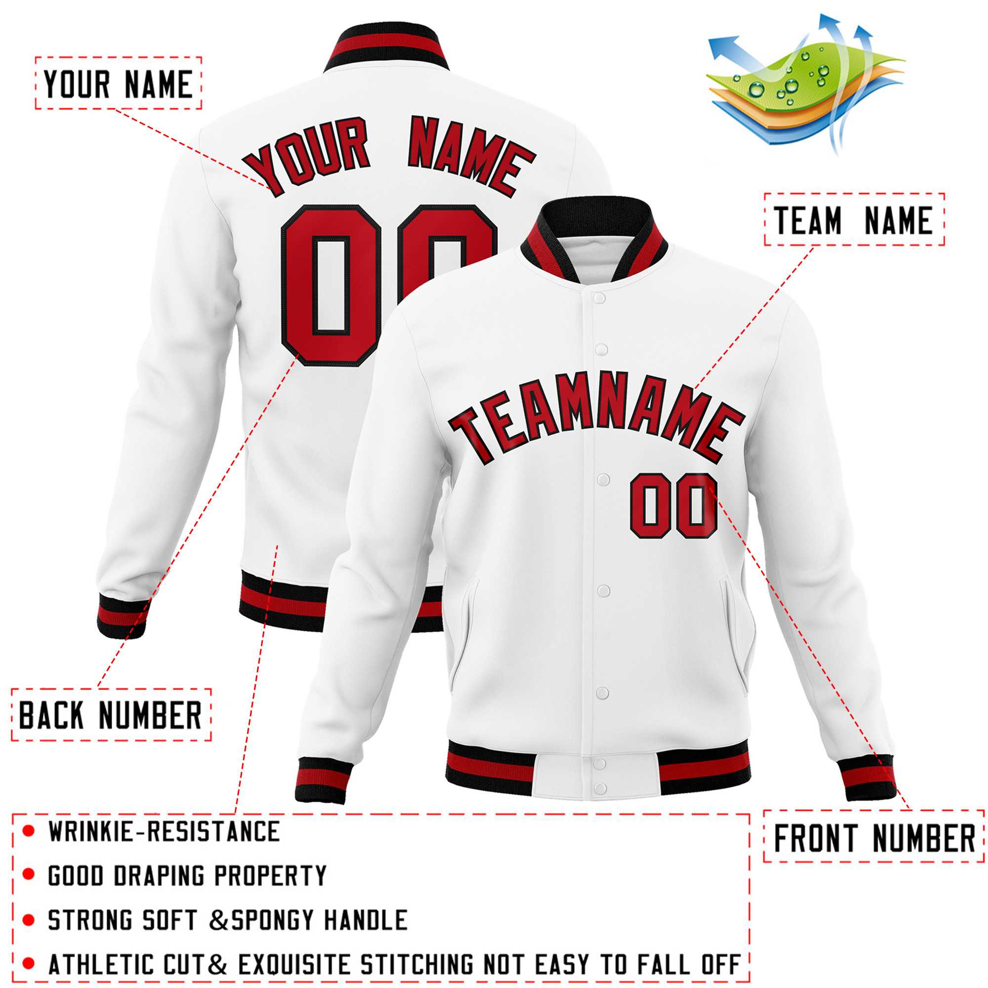 Custom White Red-Black Classic Style Varsity Full-Snap Letterman Jacket | KXKSHOP