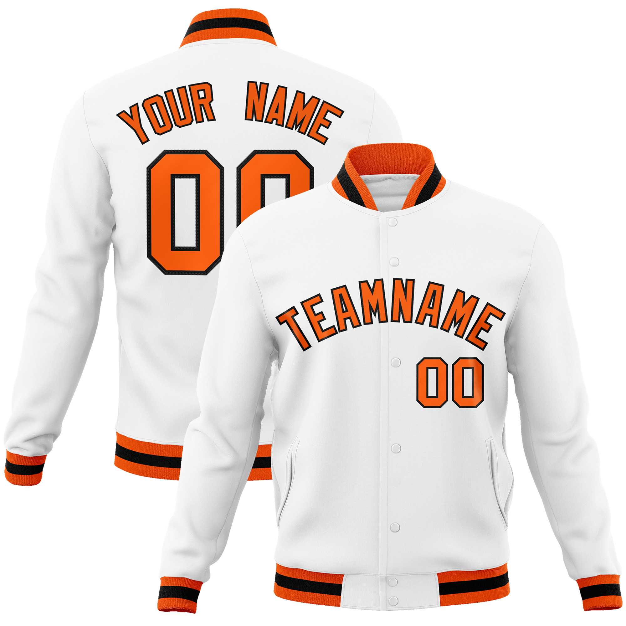 Custom White Orange-Black Classic Style Varsity Full-Snap Letterman Jacket | KXKSHOP
