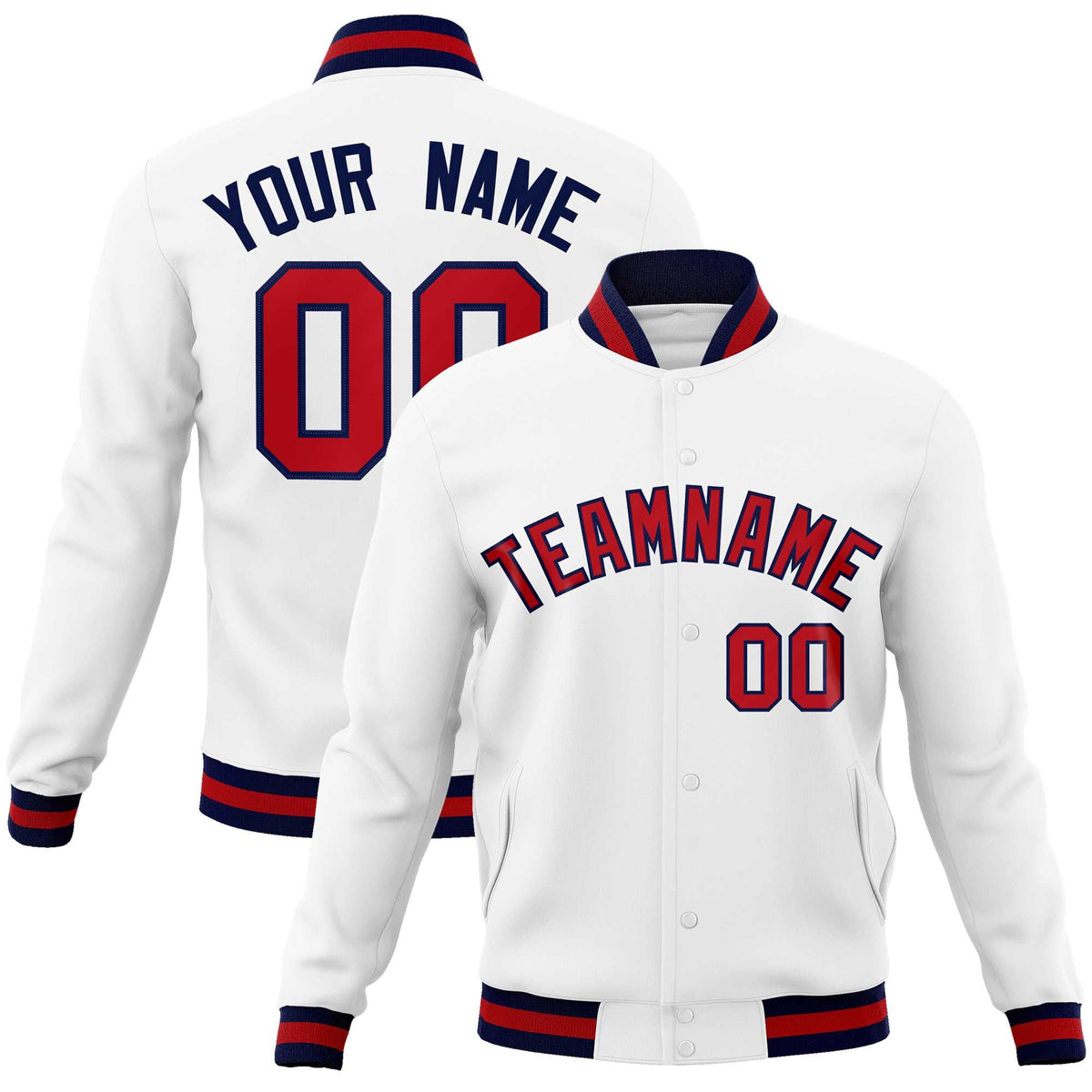 Custom White Red-Navy Classic Style Varsity Full-Snap Letterman Jacket | KXKSHOP