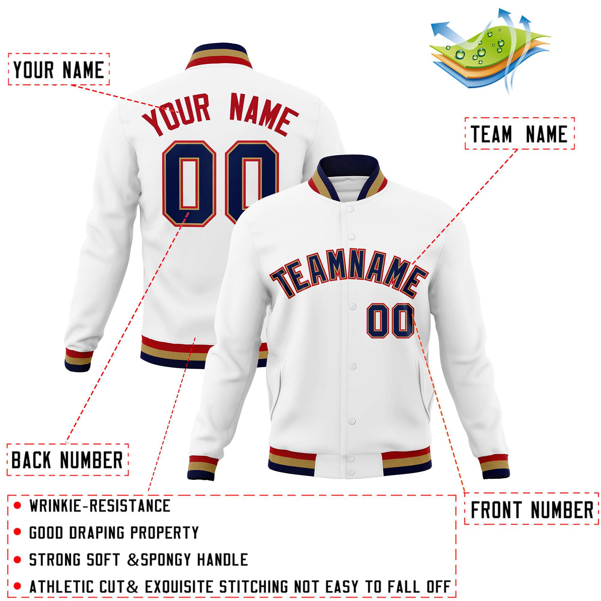 Custom White Red-Black Classic Style Varsity Full-Snap Letterman Jacket | KXKSHOP