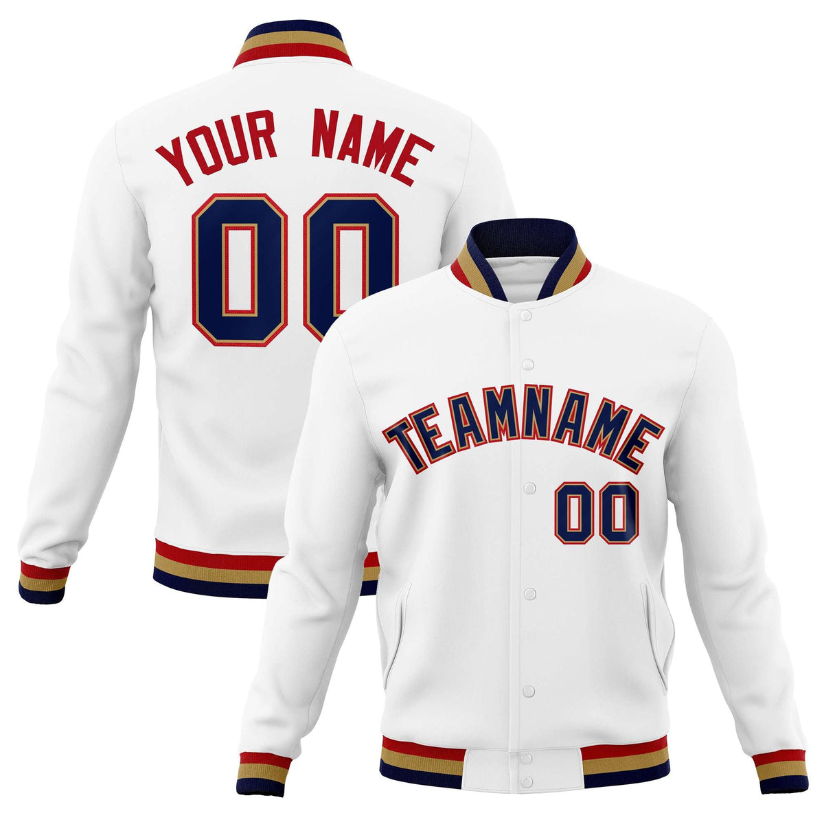 Custom White Navy-Red Classic Style Varsity Full-Snap Letterman Jacket | KXKSHOP