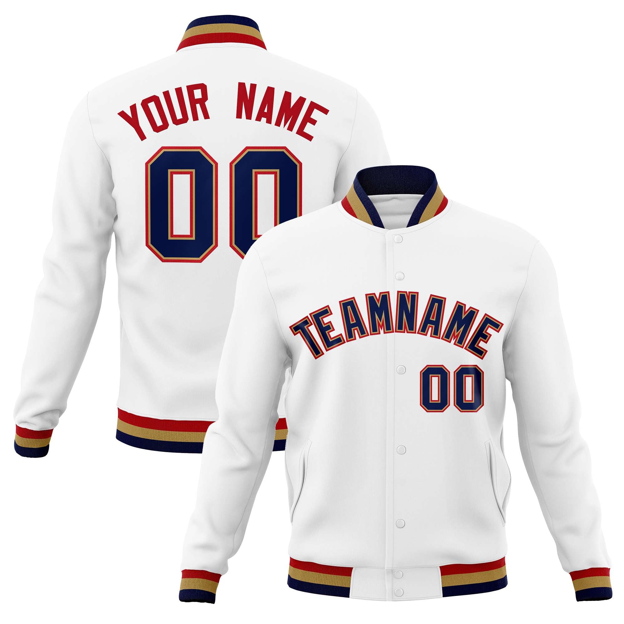 Custom White Navy-Red Classic Style Varsity Full-Snap Letterman Jacket | KXKSHOP