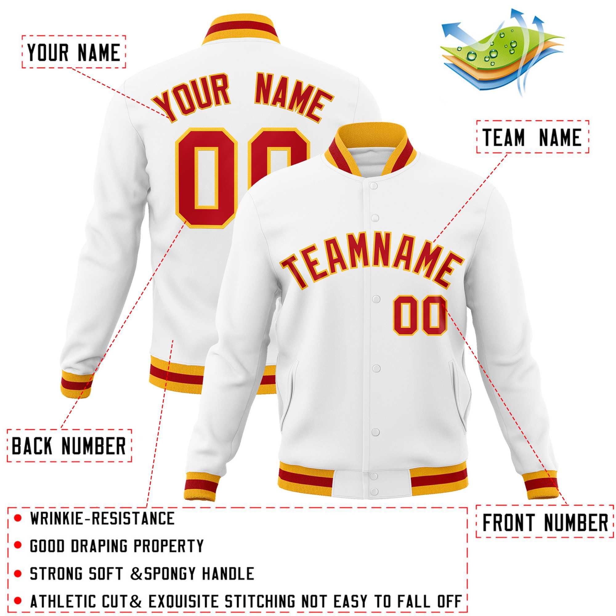 Custom White Red-Black Classic Style Varsity Full-Snap Letterman Jacket | KXKSHOP