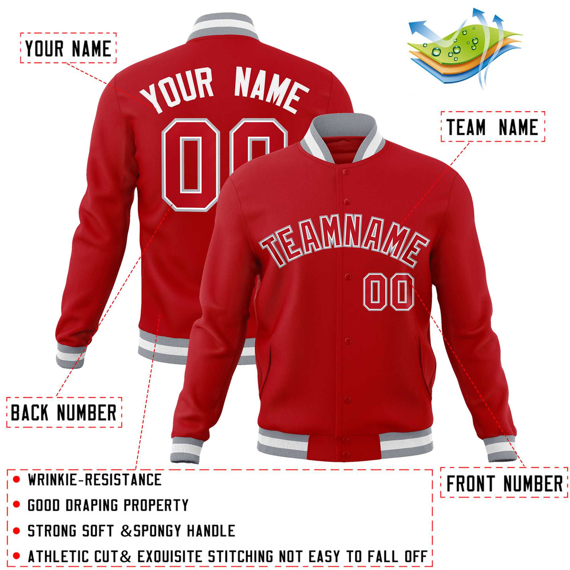 Custom White Red-Black Classic Style Varsity Full-Snap Letterman Jacket | KXKSHOP