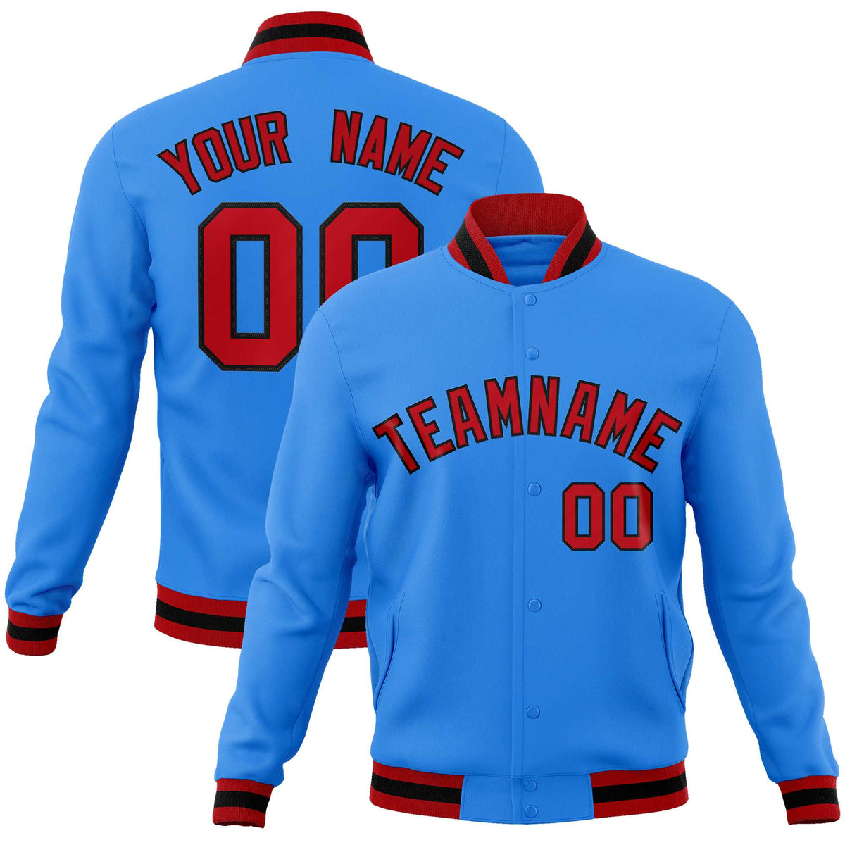 Custom Powder Blue Red-Black Classic Style Varsity Full-Snap Letterman Jacket | KXKSHOP