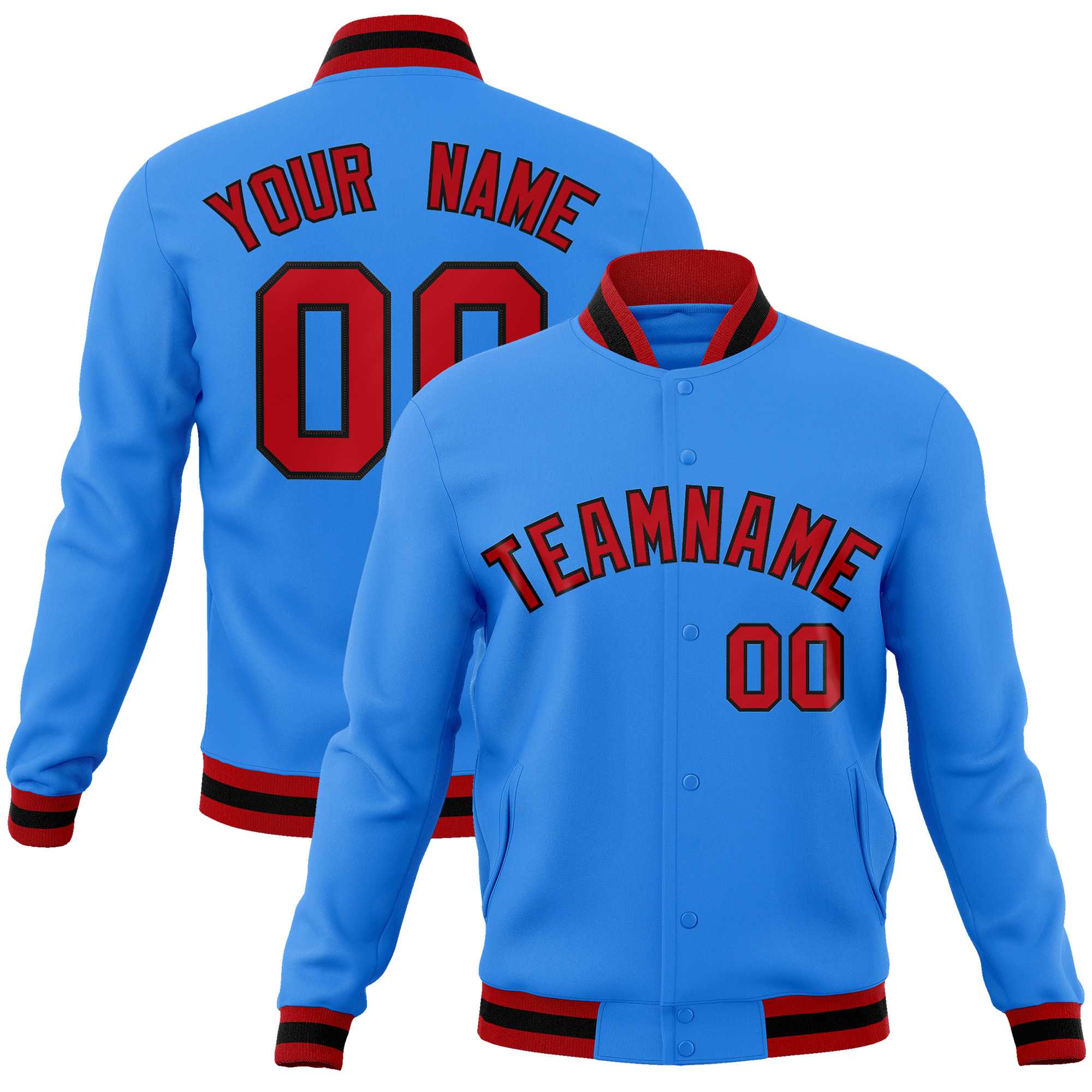 Custom Powder Blue Red-Black Classic Style Varsity Full-Snap Letterman Jacket | KXKSHOP