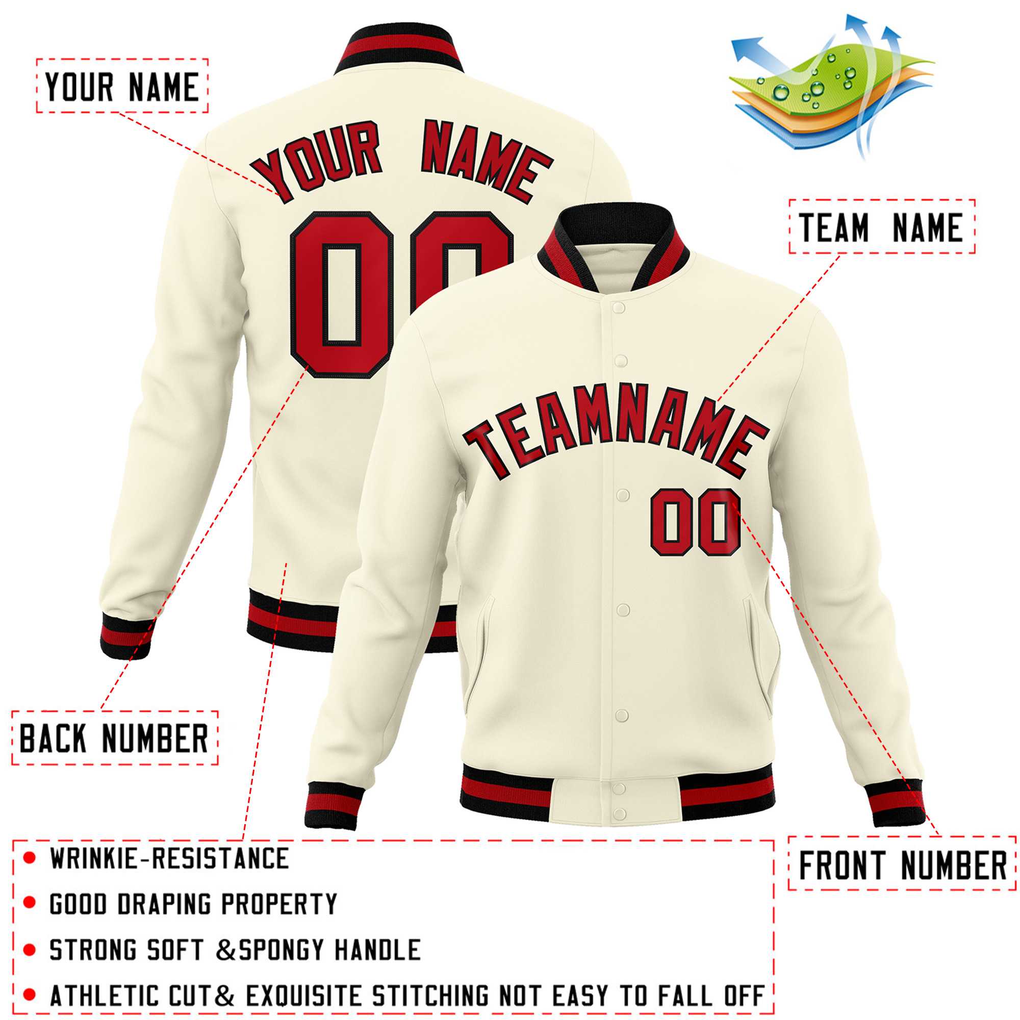 Custom White Red-Black Classic Style Varsity Full-Snap Letterman Jacket | KXKSHOP