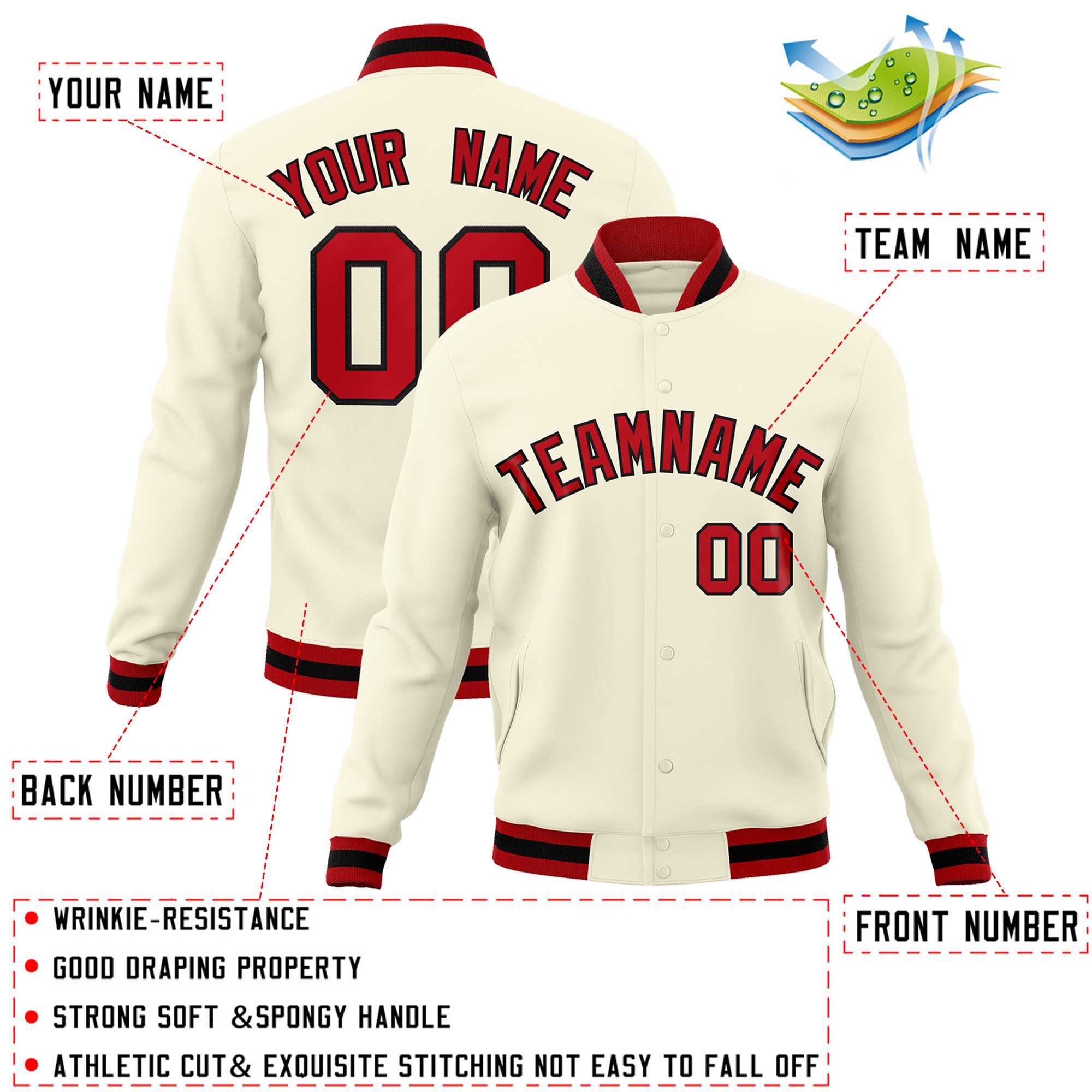 Custom White Red-Black Classic Style Varsity Full-Snap Letterman Jacket | KXKSHOP