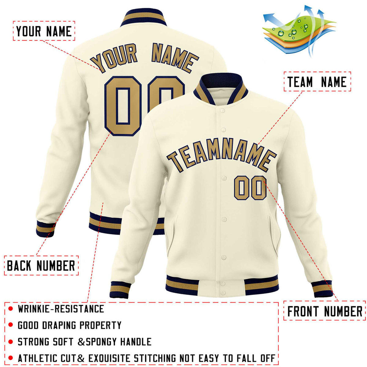 Custom Khaki Old Gold-Navy Classic Style Varsity Full-Snap Letterman Jacket