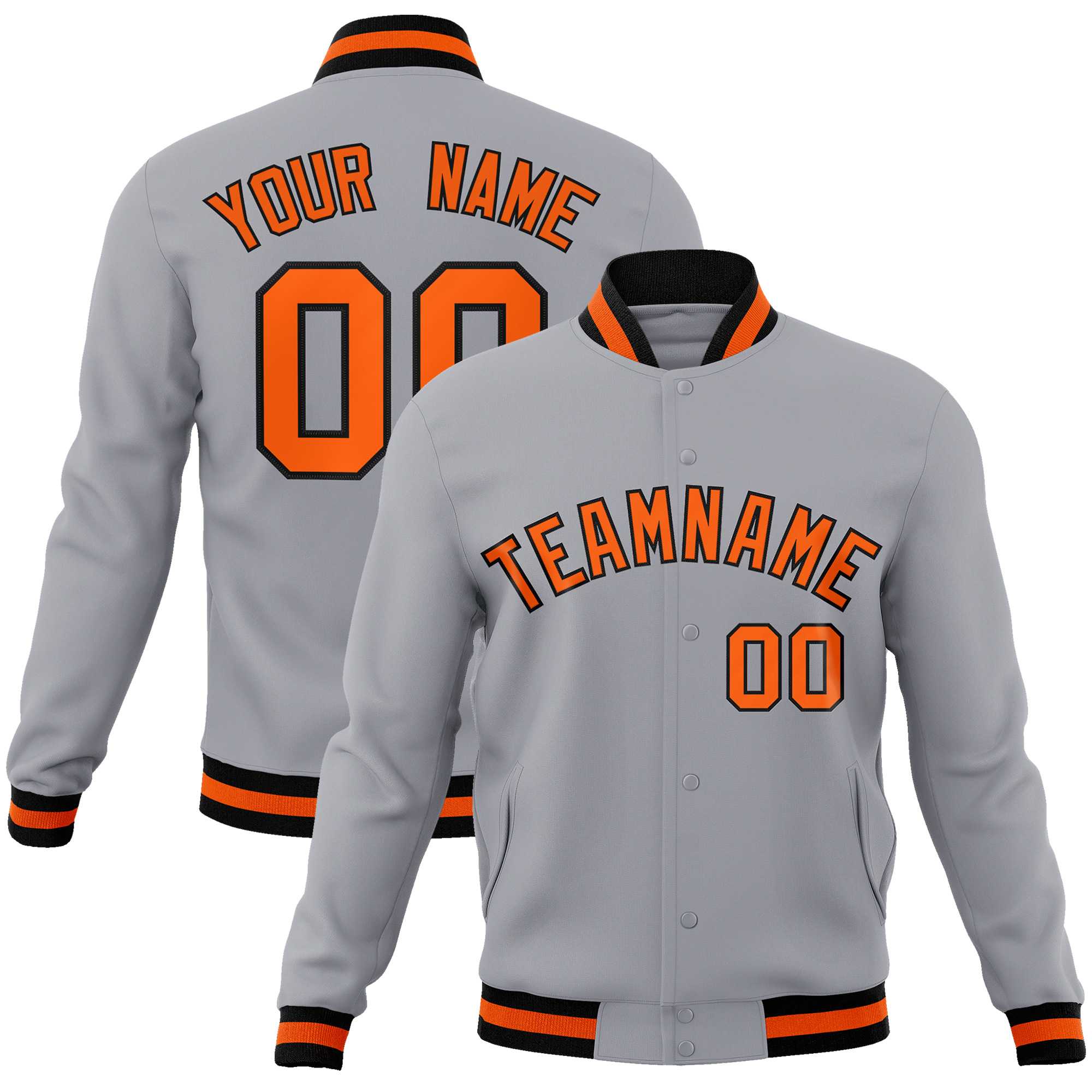 Custom Gray Orange-Black Classic Style Varsity Full-Snap Letterman Jacket | KXKSHOP
