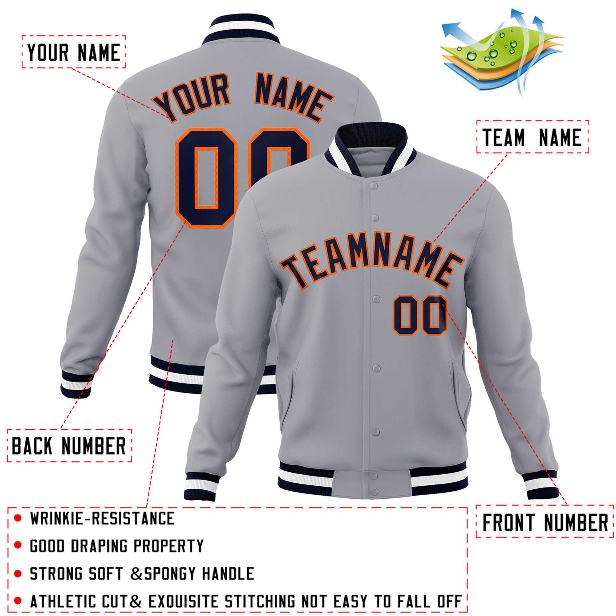 Custom Gray Navy-Orange Classic Style Varsity Full-Snap Letterman Jacket