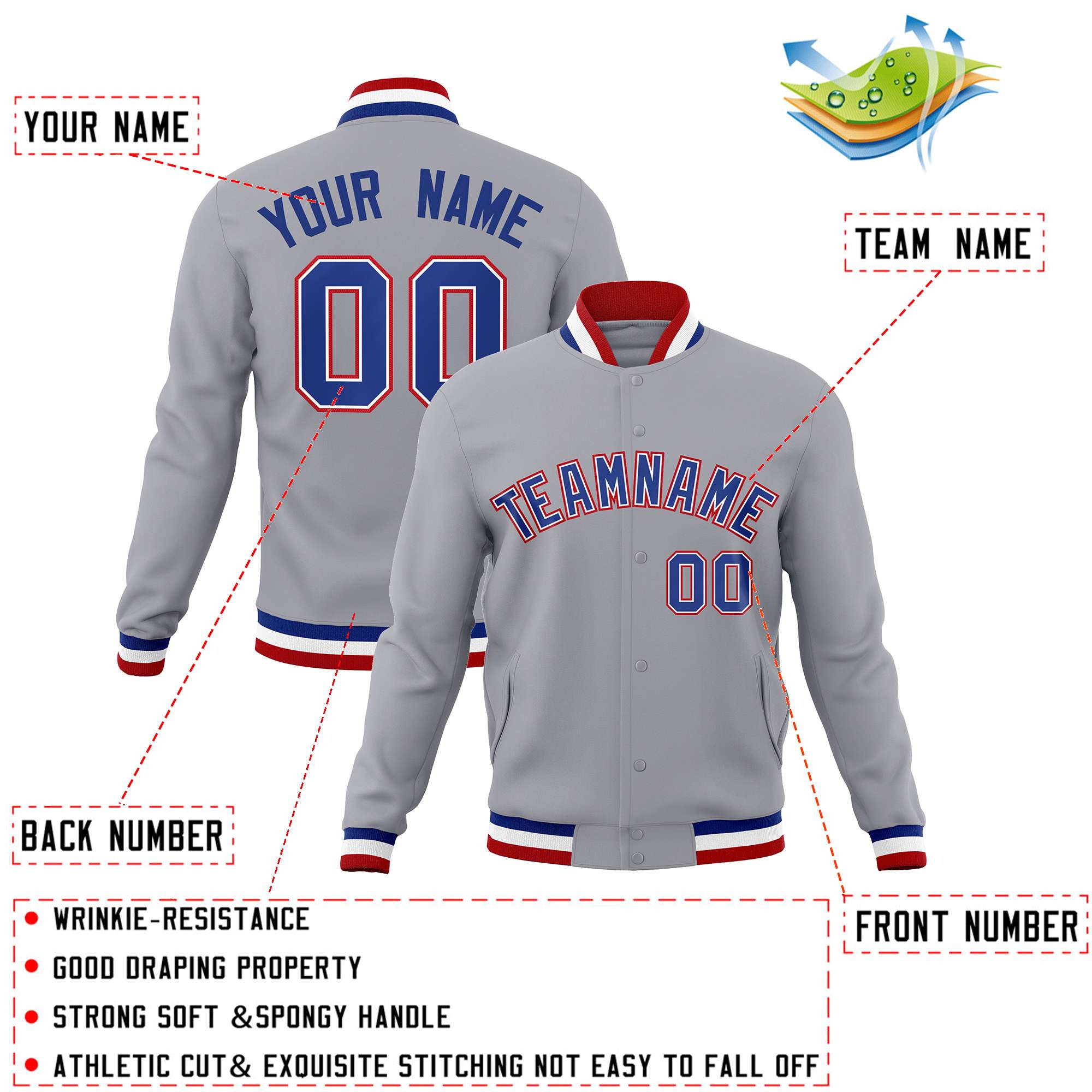 Custom Gray Royal-Red Classic Style Varsity Full-Snap Letterman Jacket