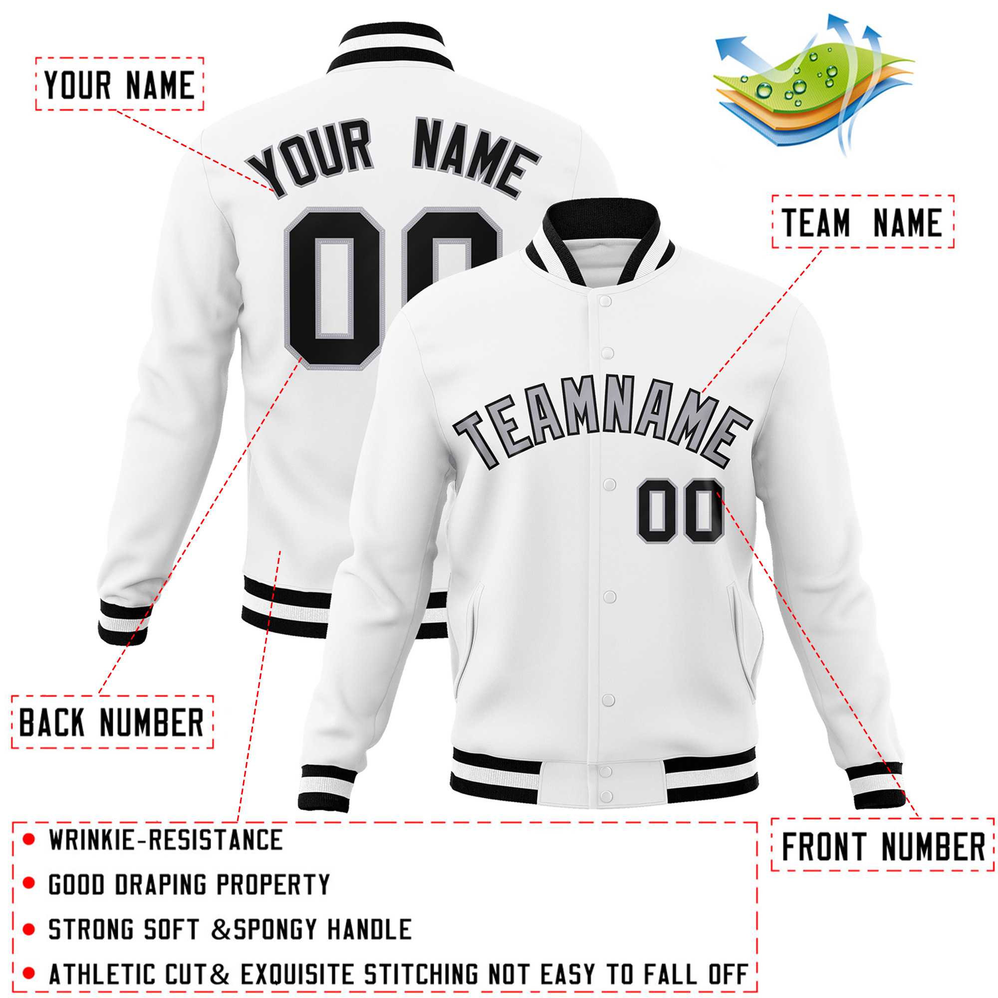 Custom White Black-Gray Classic Style Varsity Full-Snap Letterman Jacket | KXKSHOP