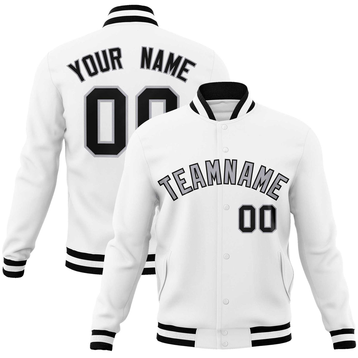 Custom White Black-Gray Classic Style Varsity Full-Snap Letterman Jacket | KXKSHOP