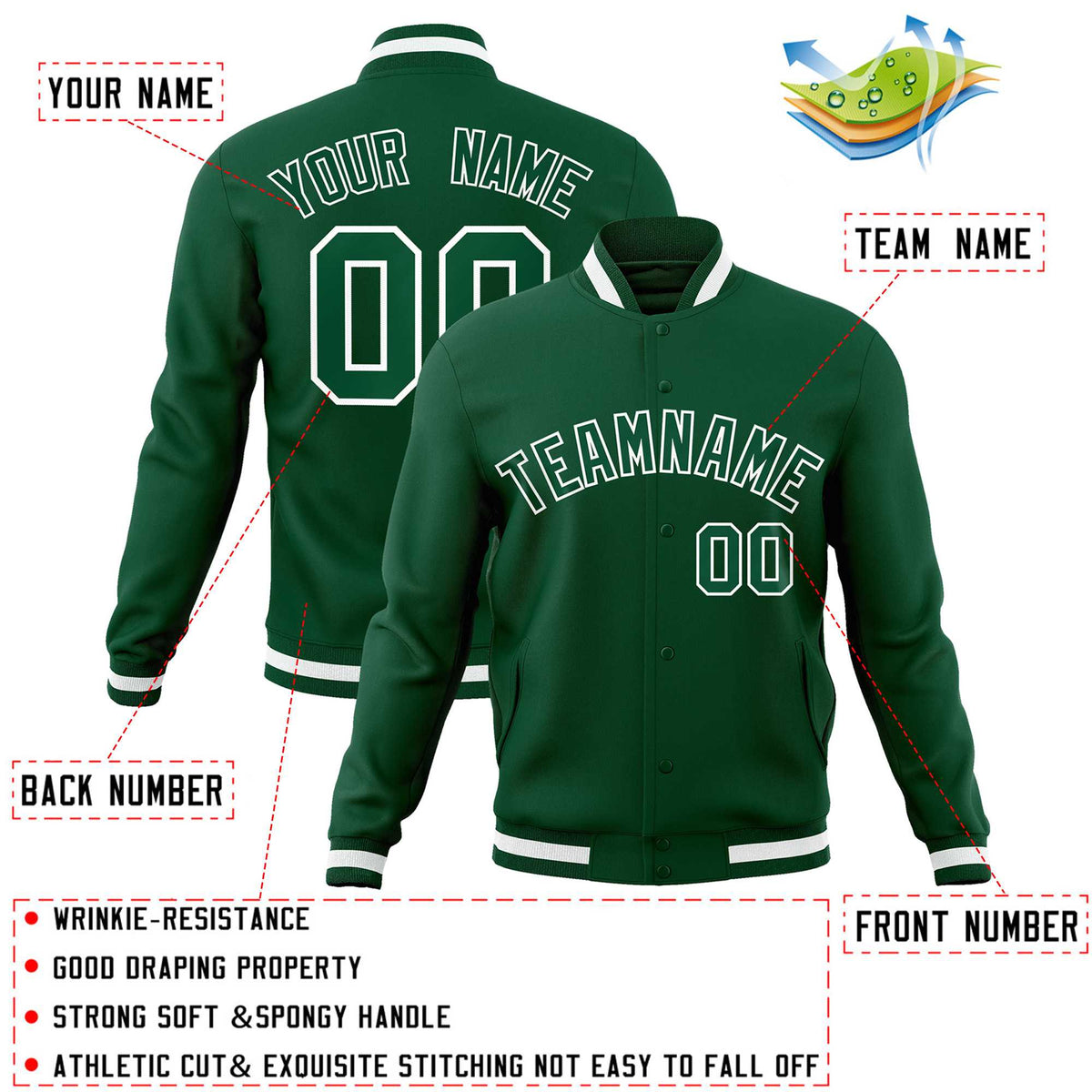 Custom Green Green-White Classic Style Varsity Full-Snap Letterman Jacket