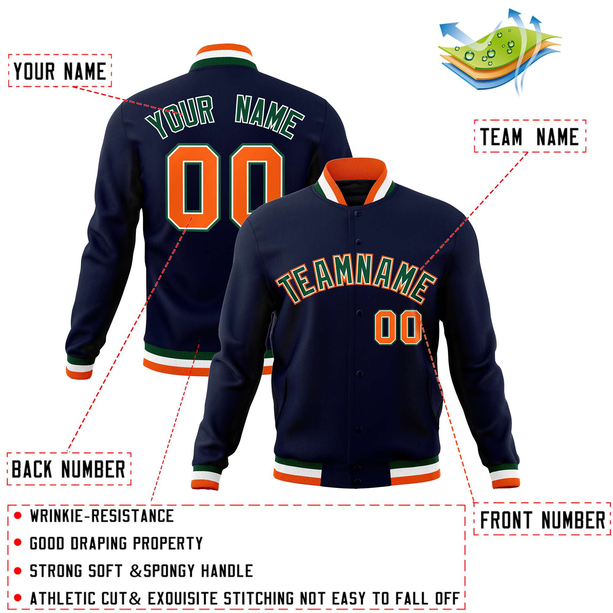 Veste universitaire Letterman personnalisée bleu marine, vert et orange, style classique, avec boutons-pression