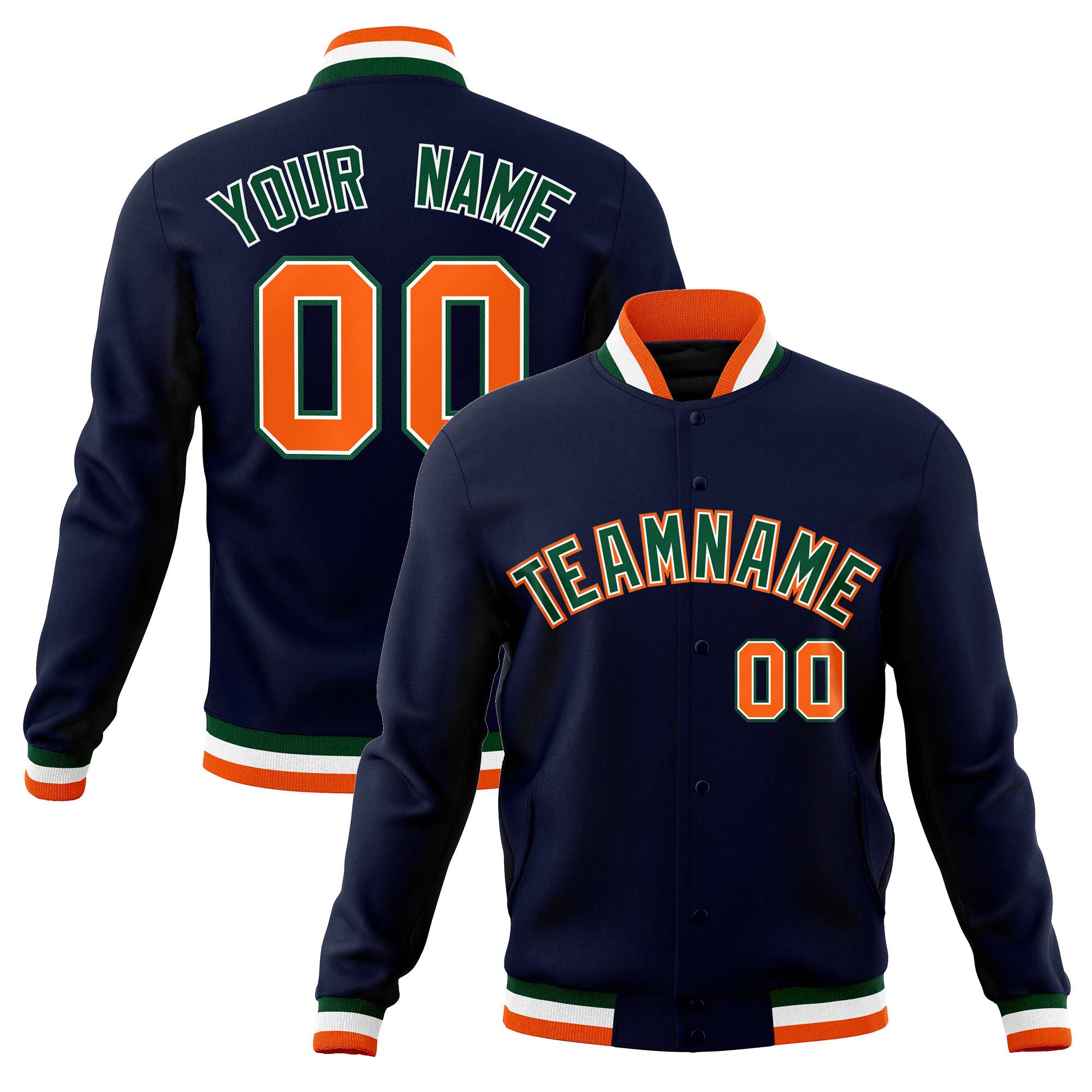 Veste universitaire Letterman personnalisée bleu marine, vert et orange, style classique, avec boutons-pression