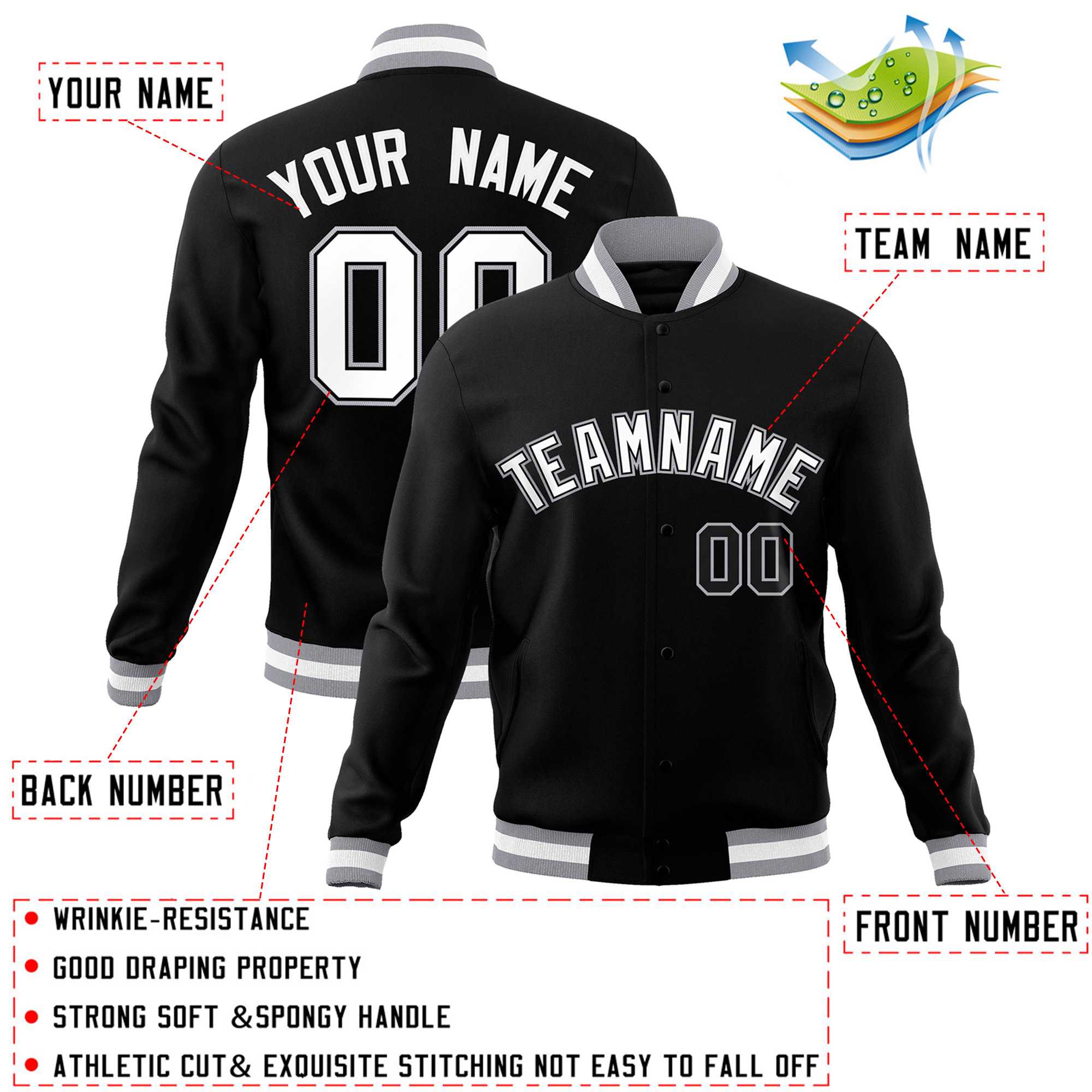 Custom White Black-Gray Classic Style Varsity Full-Snap Letterman Jacket | KXKSHOP
