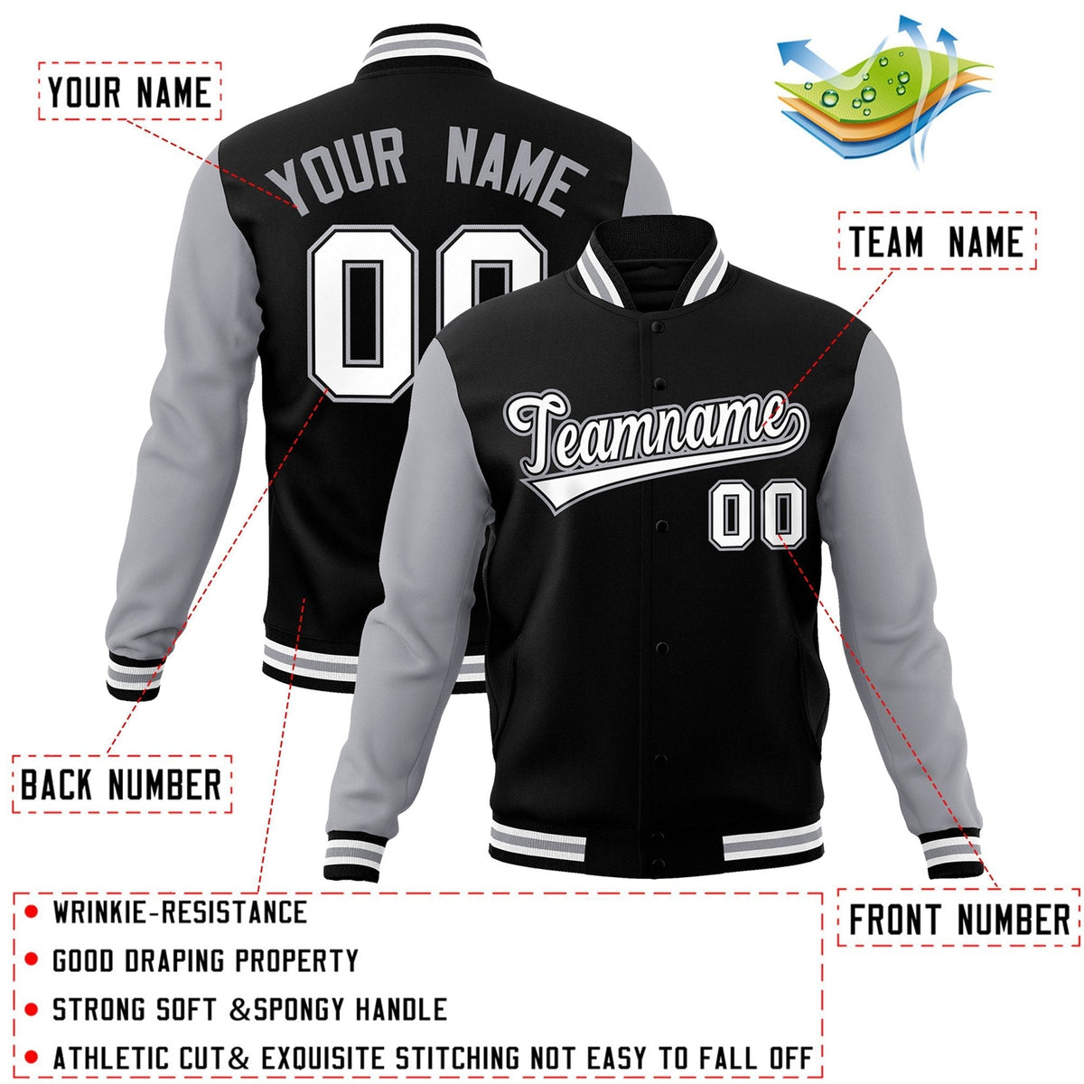 Custom Black White-Black Raglan Sleeves Varsity Full-Snap Letterman Jacket | KXKSHOP