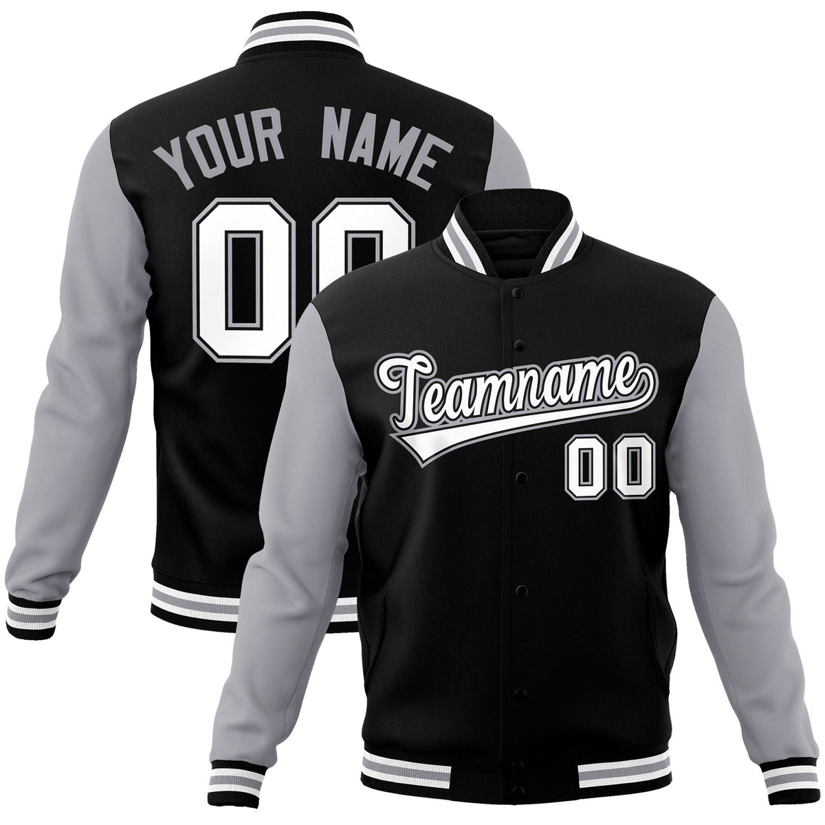 Custom Black White-Black Raglan Sleeves Varsity Full-Snap Letterman Jacket | KXKSHOP