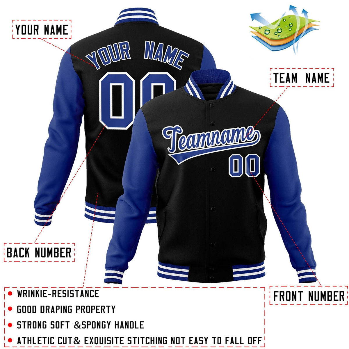 Custom Black White-Black Raglan Sleeves Varsity Full-Snap Letterman Jacket | KXKSHOP