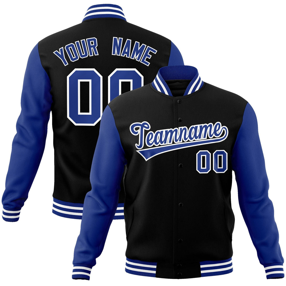 Custom Black Royal-White Raglan Sleeves Varsity Full-Snap Letterman Jacket | KXKSHOP