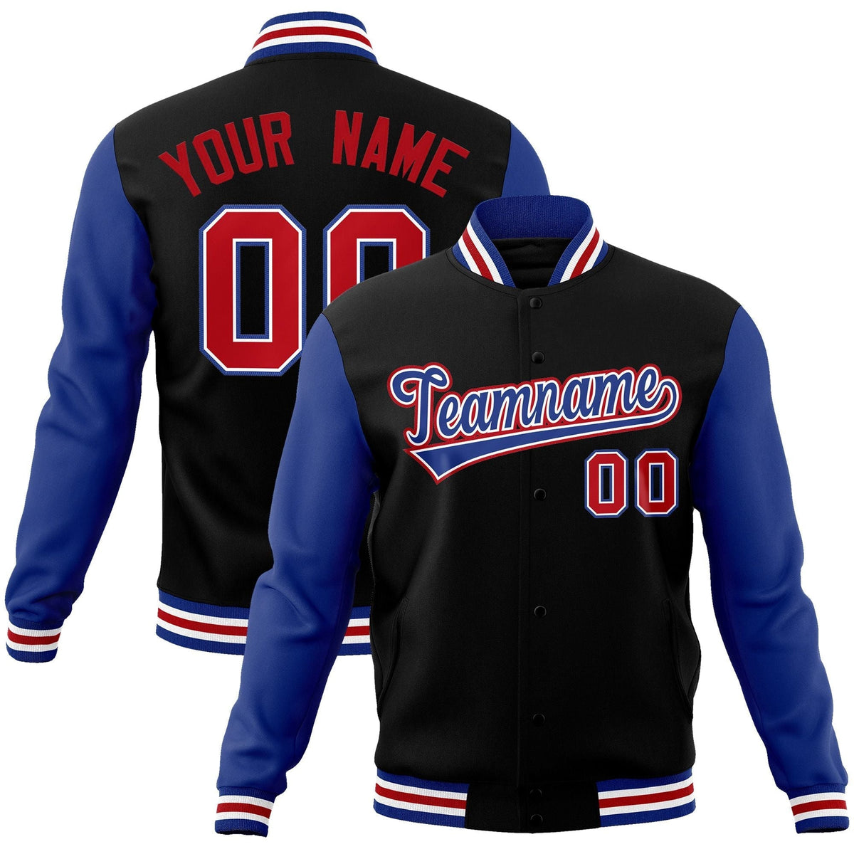 Custom Black Royal-White Raglan Sleeves Varsity Full-Snap Letterman Jacket | KXKSHOP