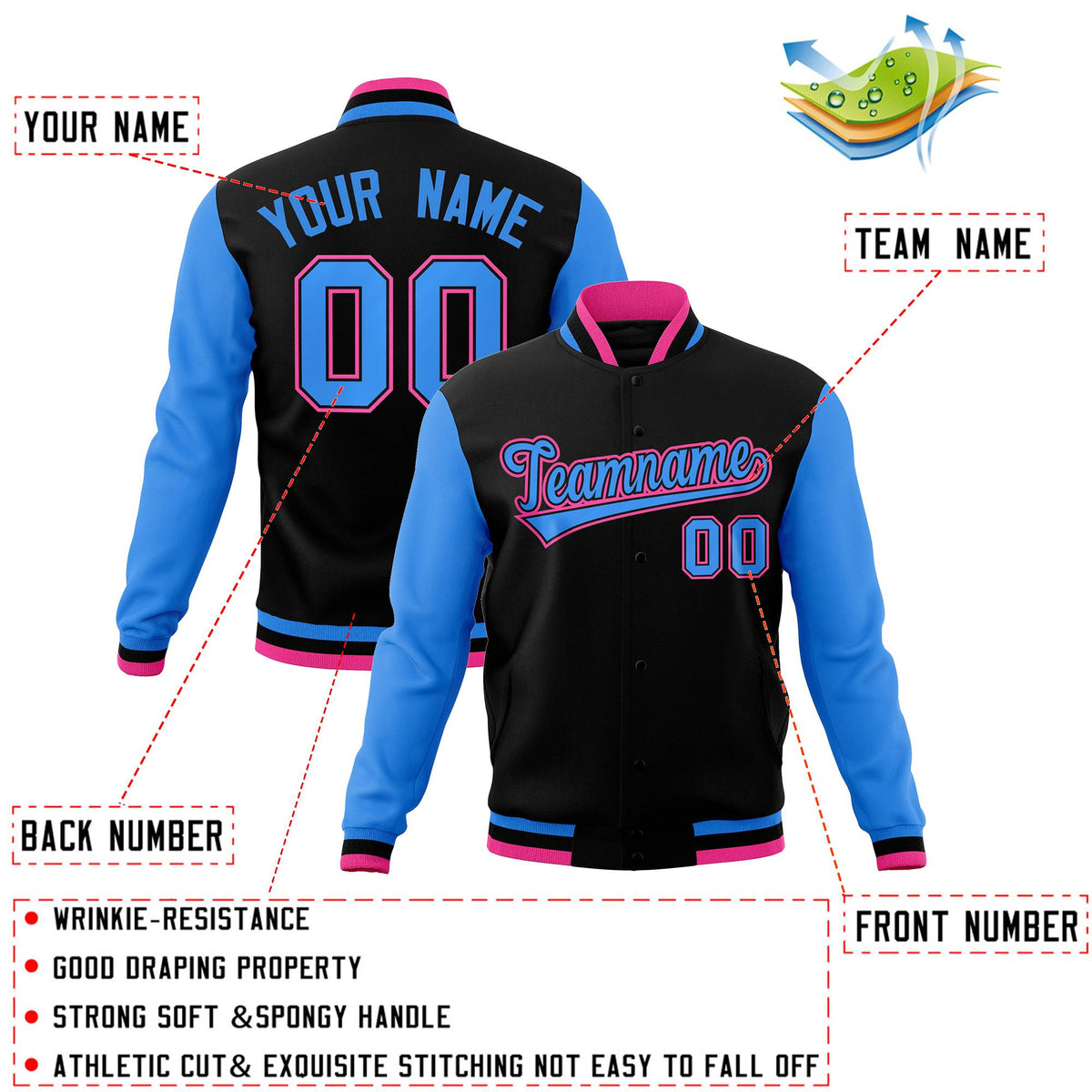 Custom Black White-Black Raglan Sleeves Varsity Full-Snap Letterman Jacket | KXKSHOP