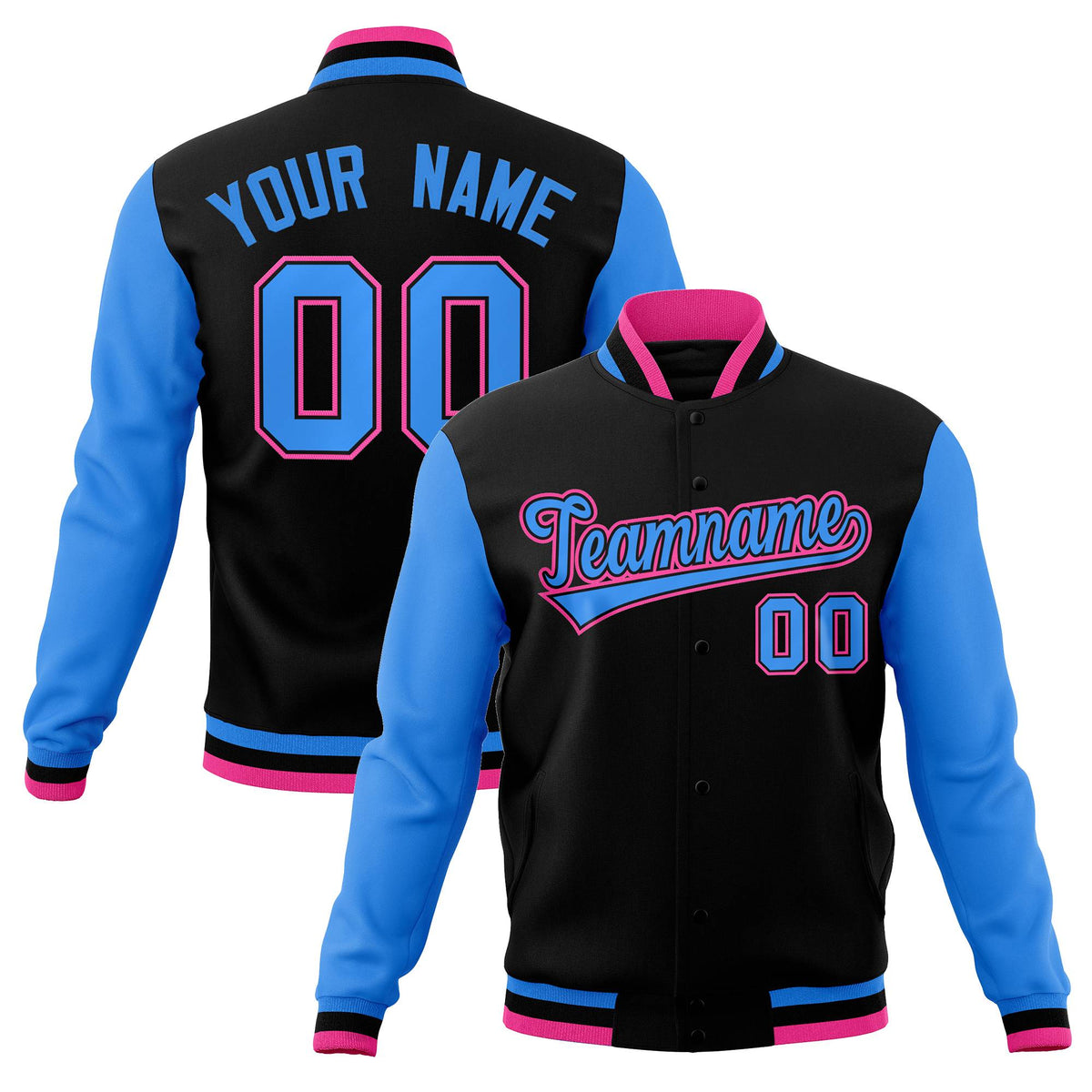 Custom Black Powder Blue-Black Raglan Sleeves Varsity Full-Snap Letterman Jacket | KXKSHOP